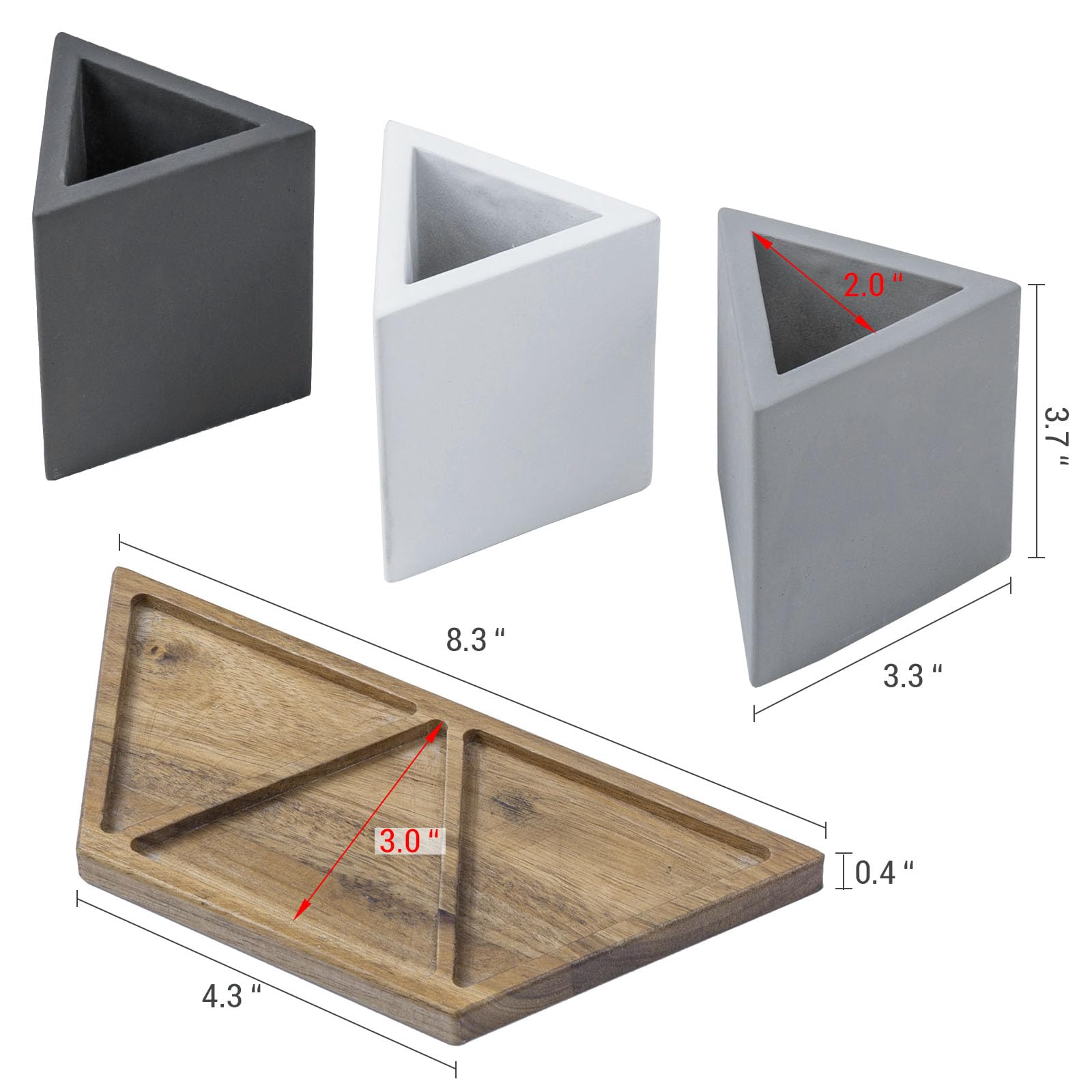 MyGift Modern Concrete Desk Organizer Set with 3 Triangular Gray-Tone Pen Holders and Acacia Wood