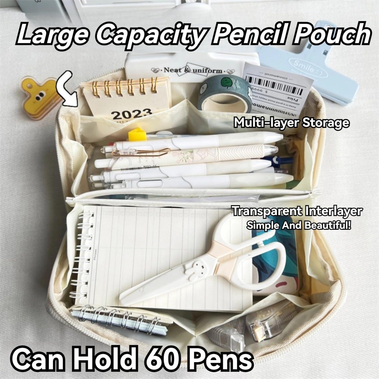 SIORTIO Pencil Pouch Multi-Layer Large Capacity Capybara Print Quirky Fun Cute (Beige-3)