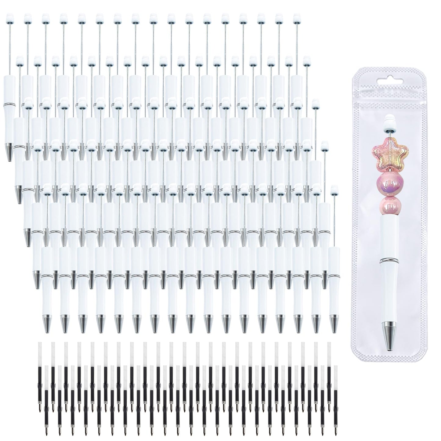 210 Pieces DIY Beadable Pen Bulk Kit – 70PCS Ballpoint Pen with Refills & Bags – Perfect for Beads