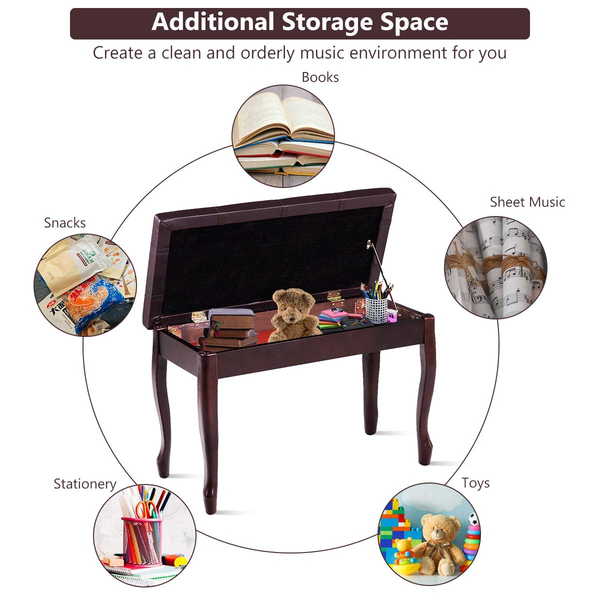 GOFLAME Piano Bench Stool with Padded Cushion and Music Storage, Heavy Duty Piano Duet Seat with PU