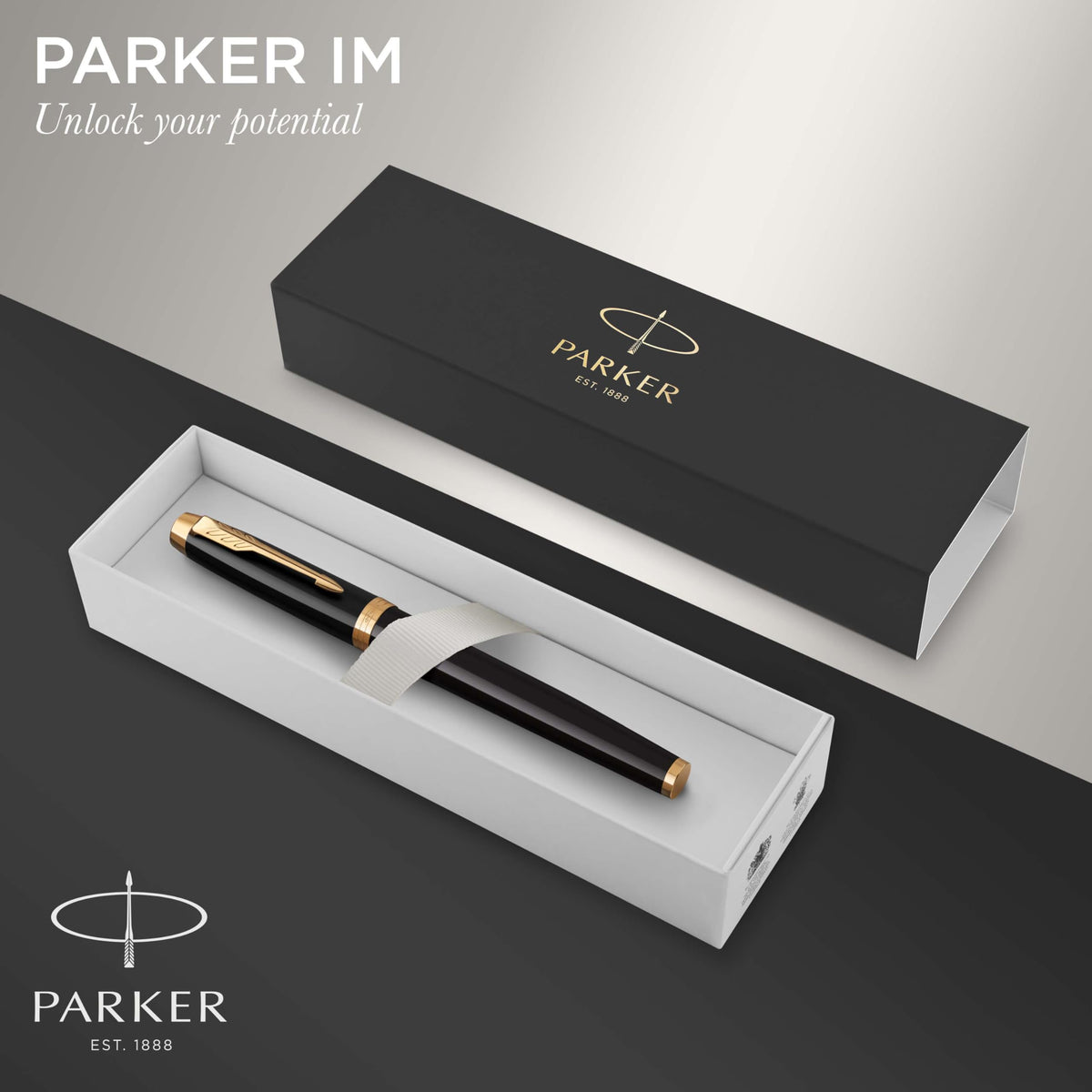 PARKER IM Rollerball Pen, Black Lacquer Gold Trim with Fine Point Black Ink Refill, Gift Box