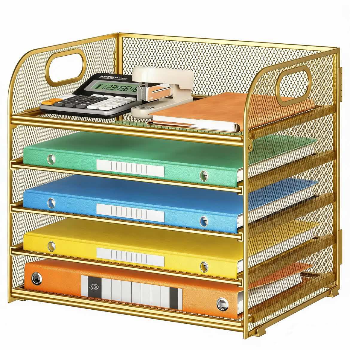Lavatino Desk Paper Organizer Trays, Gold 5-Tier Mesh File Folder Sorter with Handles, Letter