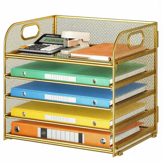 Lavatino Desk Paper Organizer Trays, Gold 5-Tier Mesh File Folder Sorter with Handles, Letter