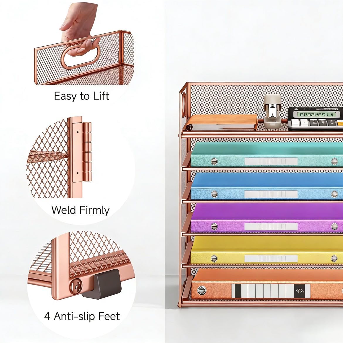 6 Tiers Letter Tray Paper Organizer with Handle, Mesh Desk File Organizer, Metal Desktop Document