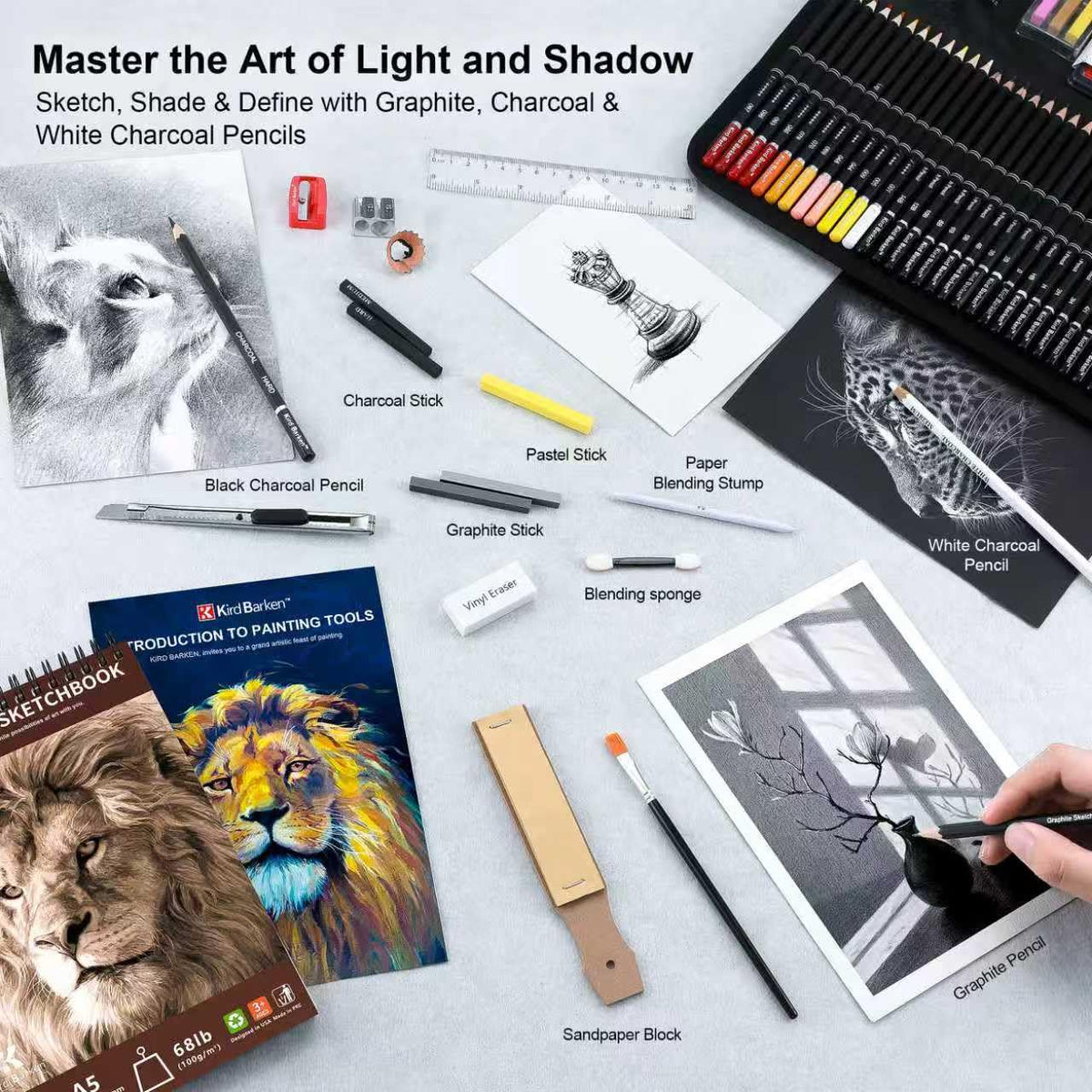 Kird Barken 240PCS Artists Art Supplies - Drawing Kit with 3 Sketchbook, Coloring book