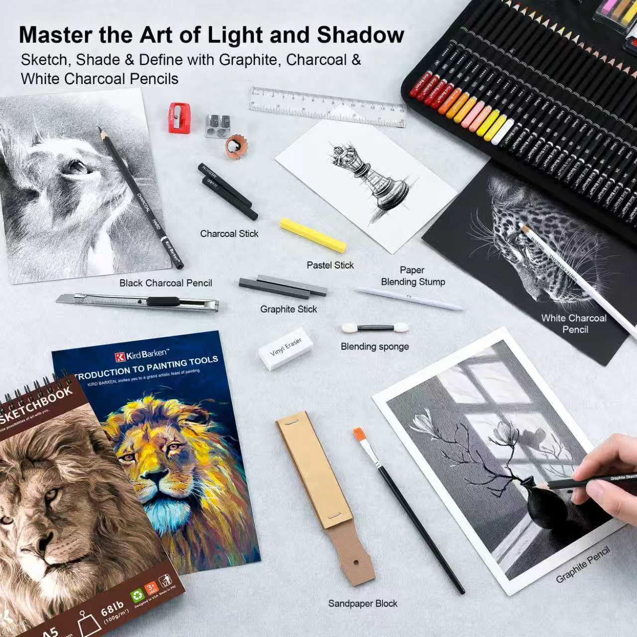 Kird Barken 240PCS Artists Art Supplies - Drawing Kit with 3 Sketchbook, Coloring book