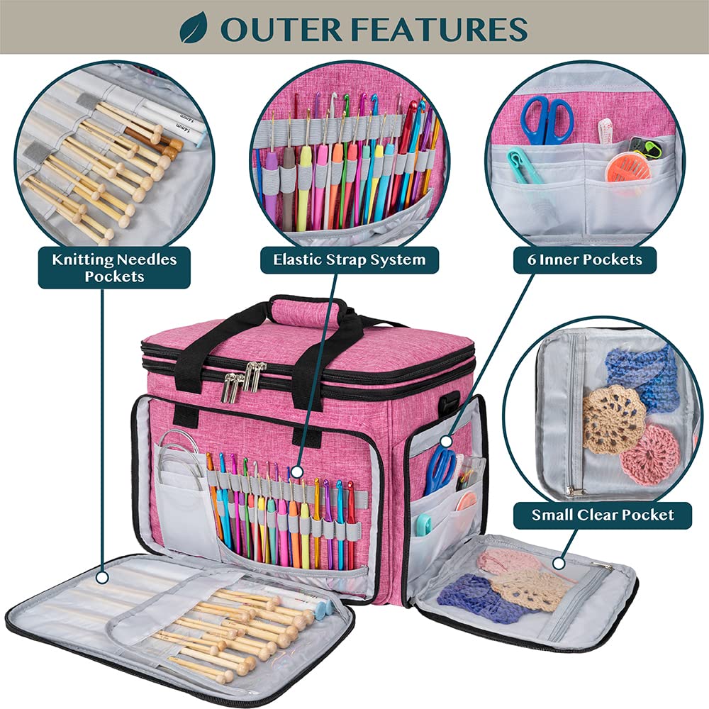 PAVILIA Large Knitting Yarn Storage Bag Crochet Organizer for Knitter, Pink