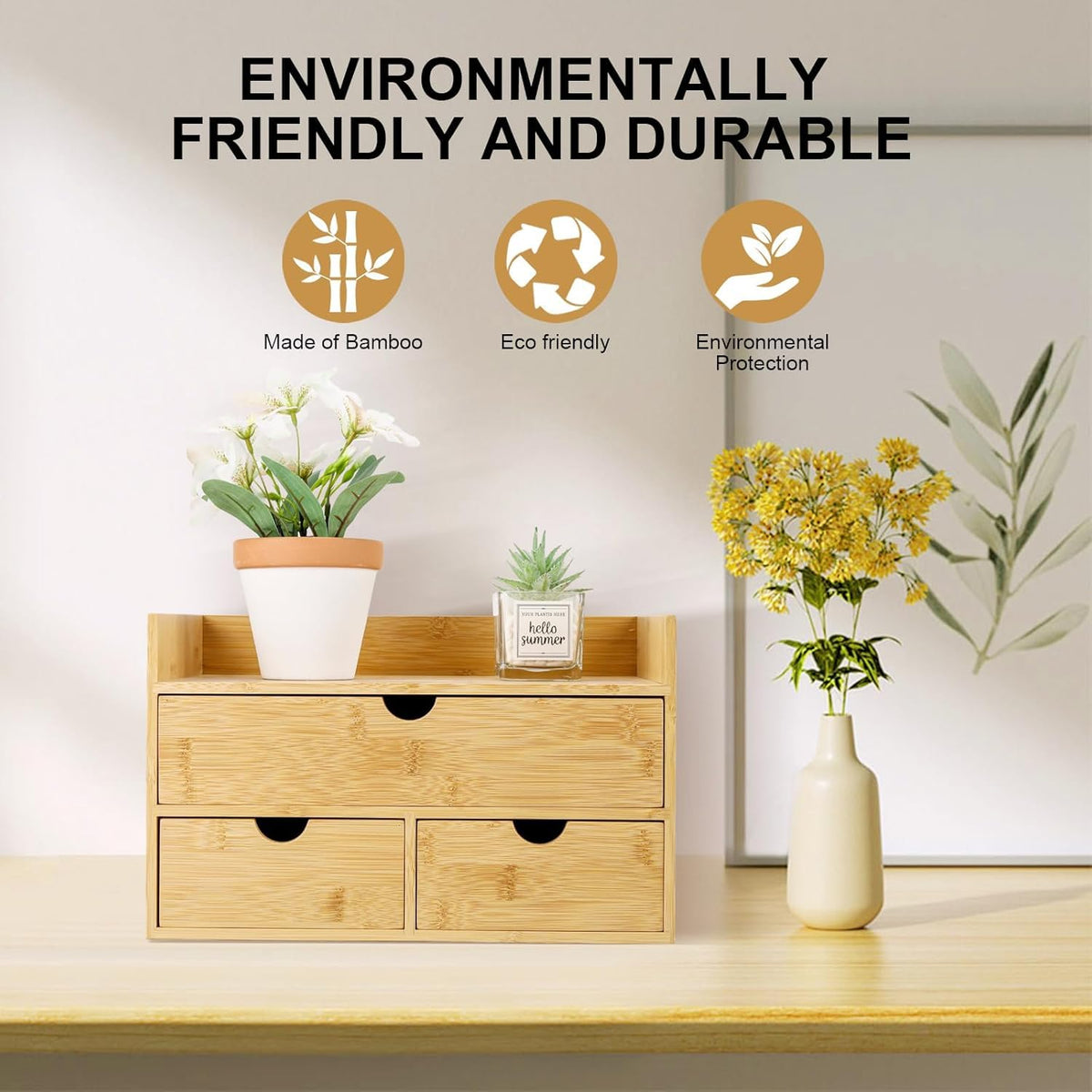 Charmewooden Bamboo Desk Organizer 3 Drawer with shelf, Countertop Organizer with Drawers Makeup