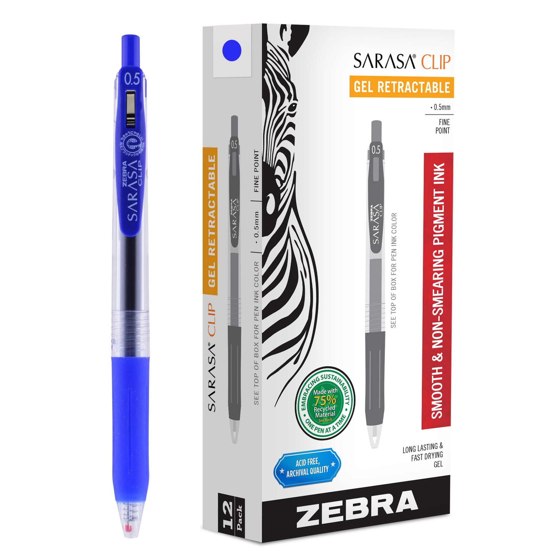 Zebra Pen SARASA Clip Retractable Gel Pen, Blue Ink, 0.5mm, 12-Pack