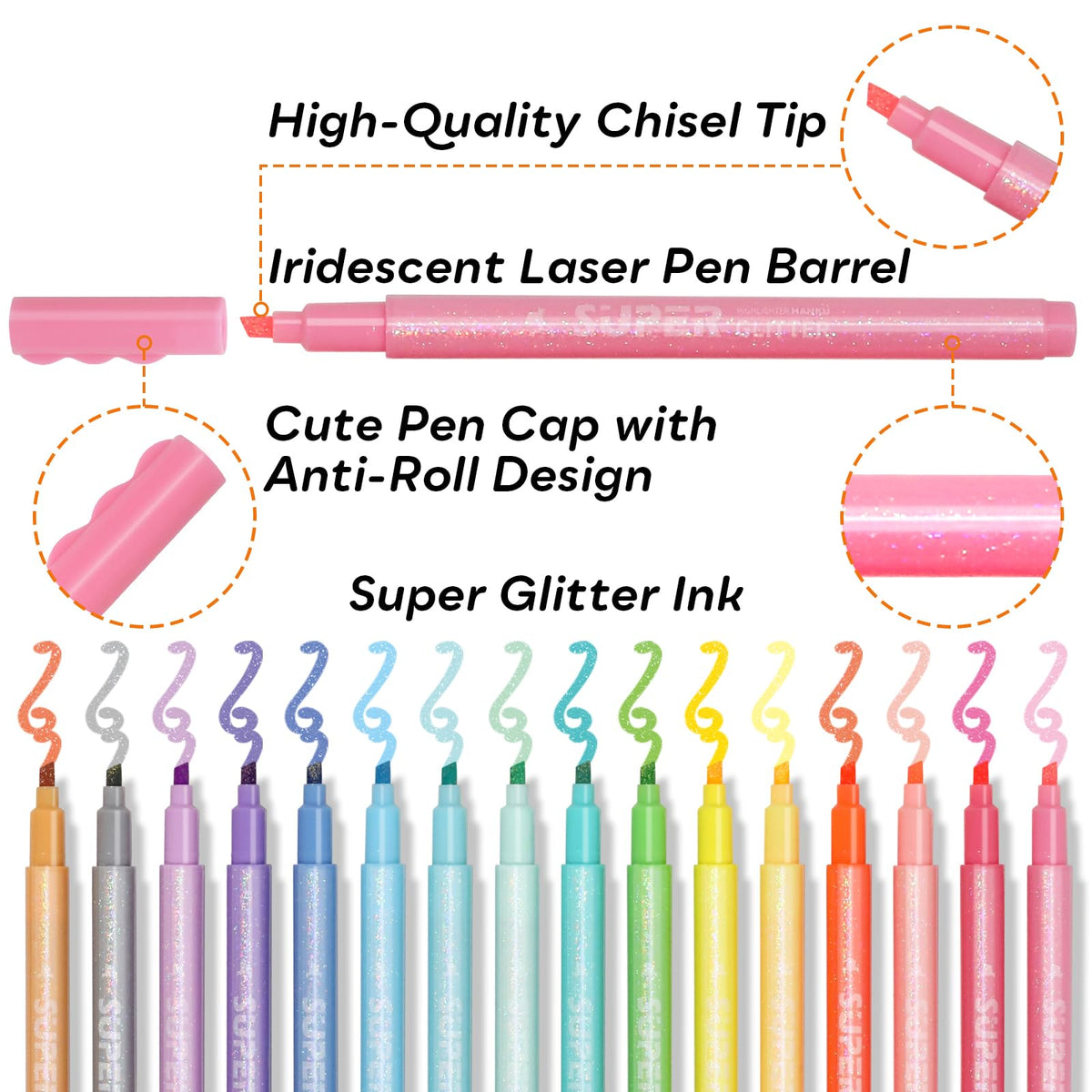HANKU Glitter Highlighters, 16 Pack, Assorted Chisel Tip Aesthetic Markers