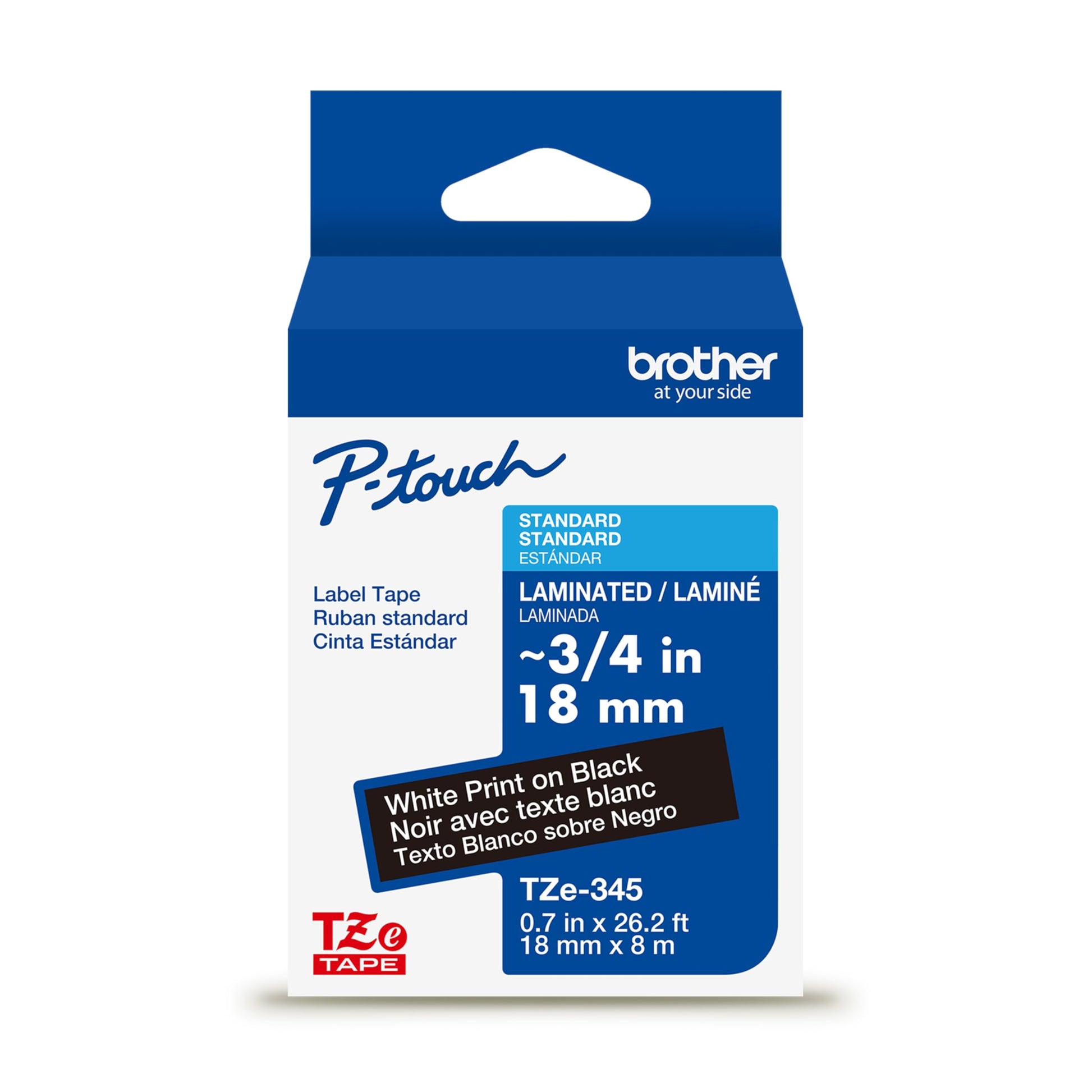 Brother Genuine P-Touch TZe White Print on Black Label Tape (TZe345), Laminated,3/4in x 26.2ft