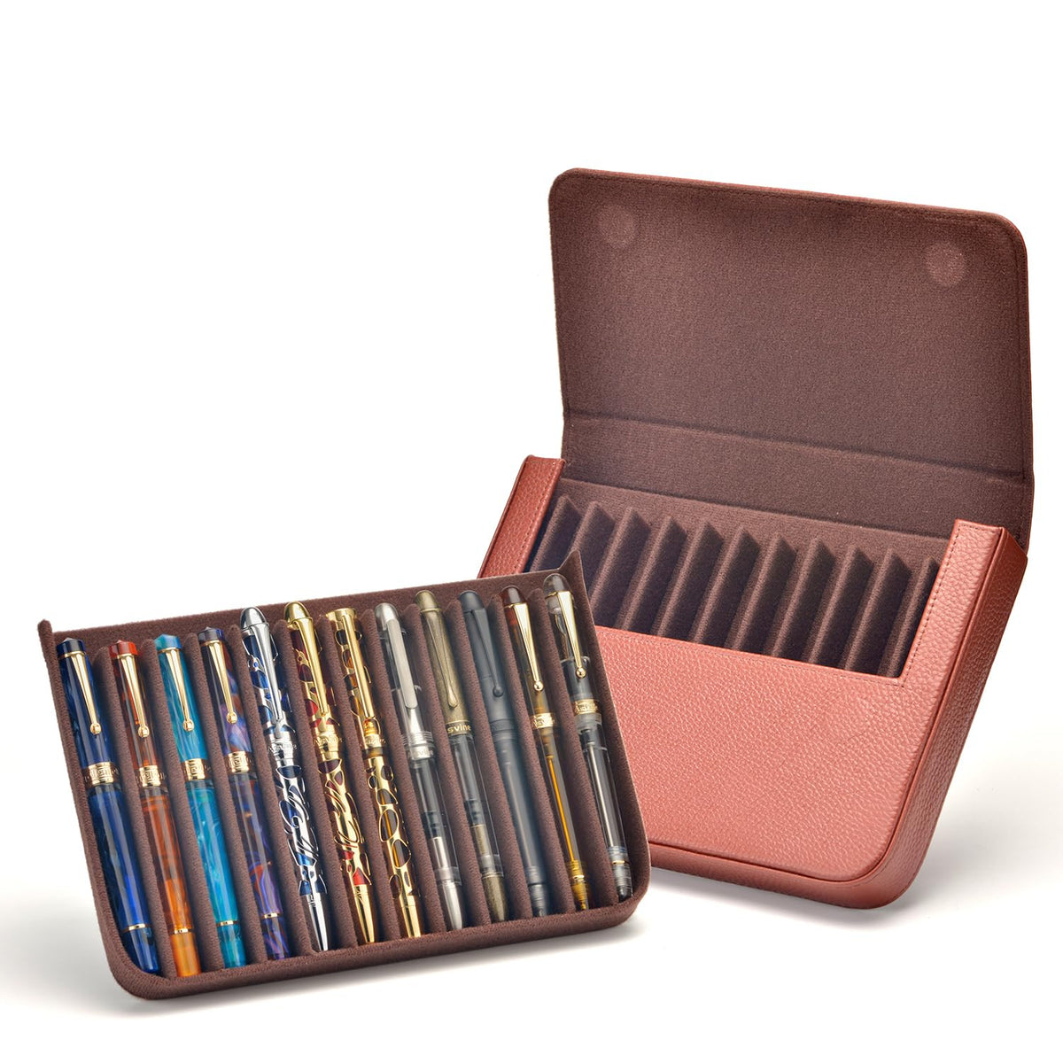 Lanxivi 12 Fountain Pen Case Genuine Coffee Leather Organizer, Portable Pen Bag Pouch Drawer Style