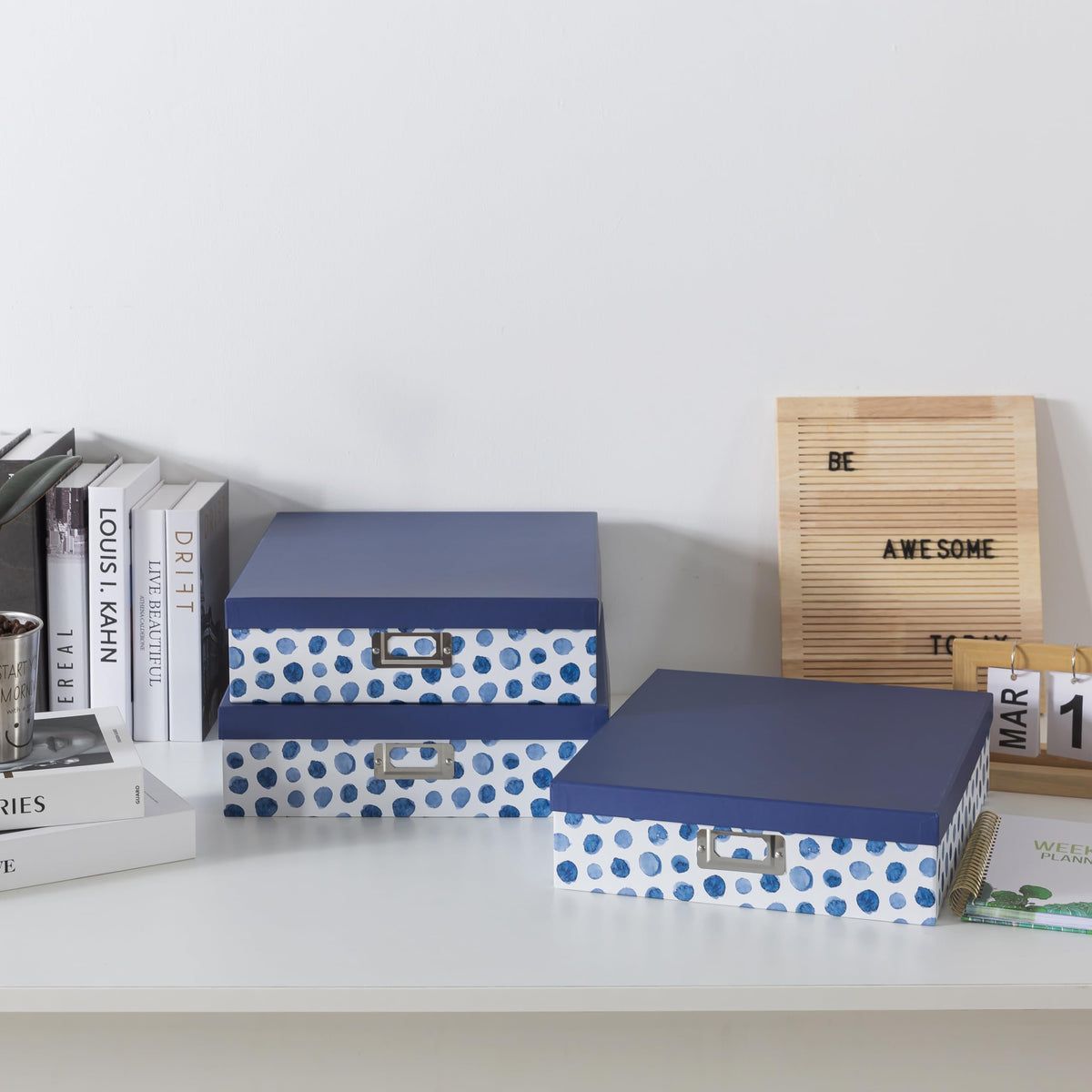 Soul & Lane - Decorative Storage Boxes with Lids, Set of 3, Blue Spots