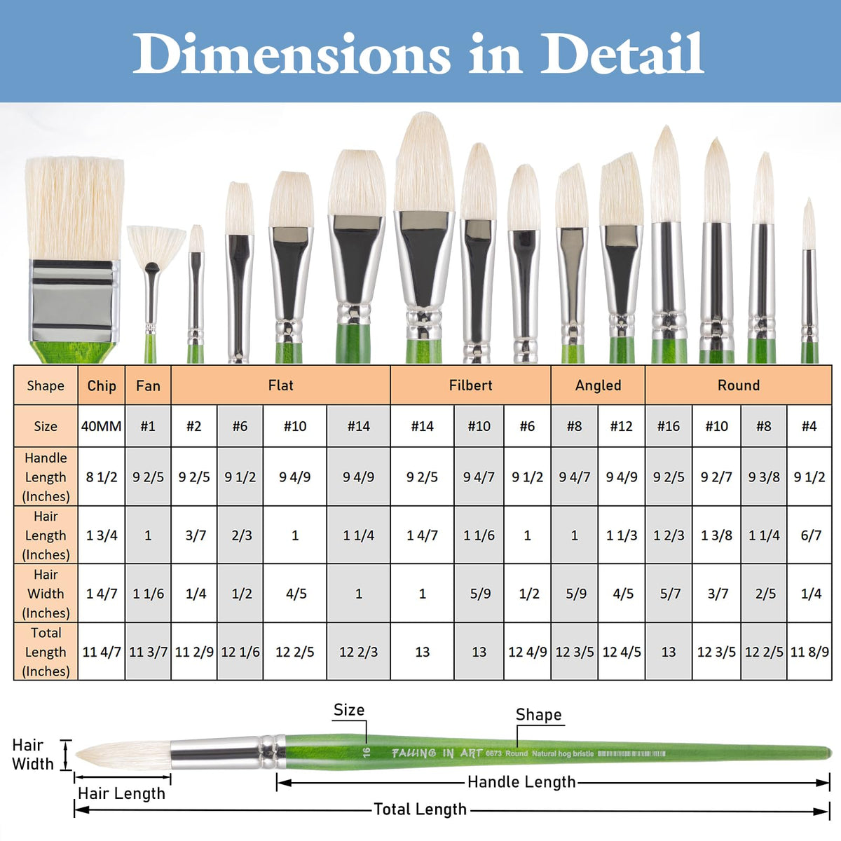 Falling in Art 15 Pcs Professional Oil Paint Brush Set, Natural Hog Bristle