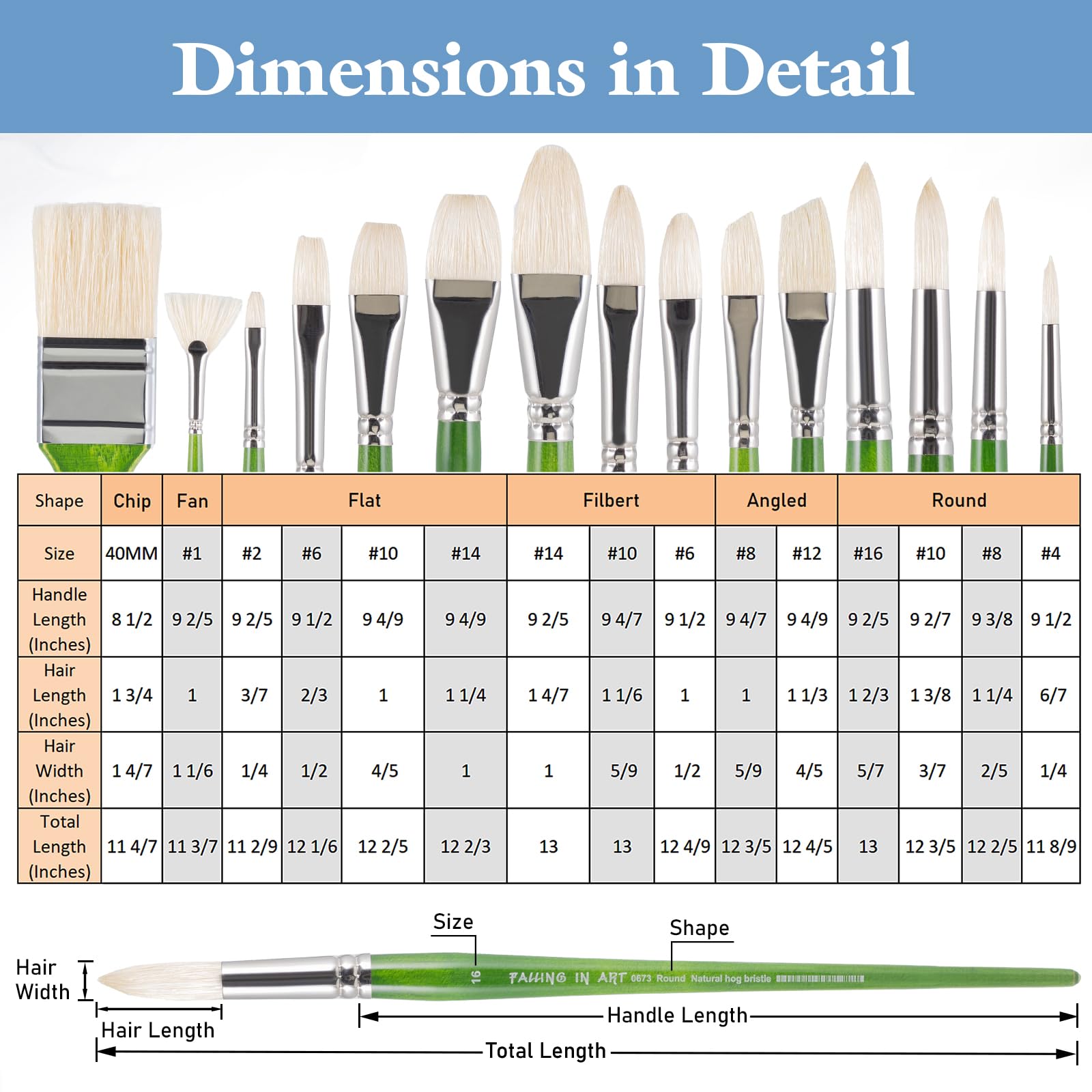 Falling in Art 15 Pcs Professional Oil Paint Brush Set, Natural Hog Bristle