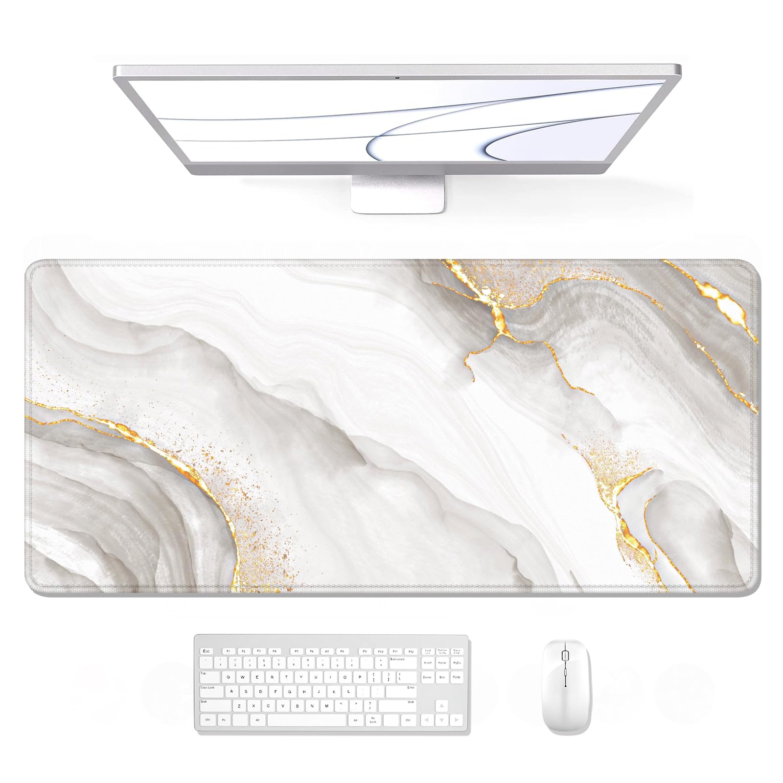 Auhoahsil Large Gaming Mouse Pad, XXL 35.4 x 15.7 in Desk Mat, White Gold