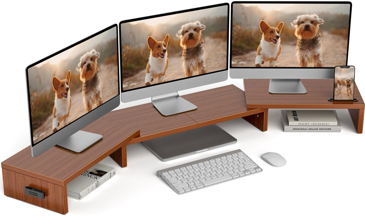 BONTEC Triple Monitor Stand Riser with Smartphone Holder, Walnut