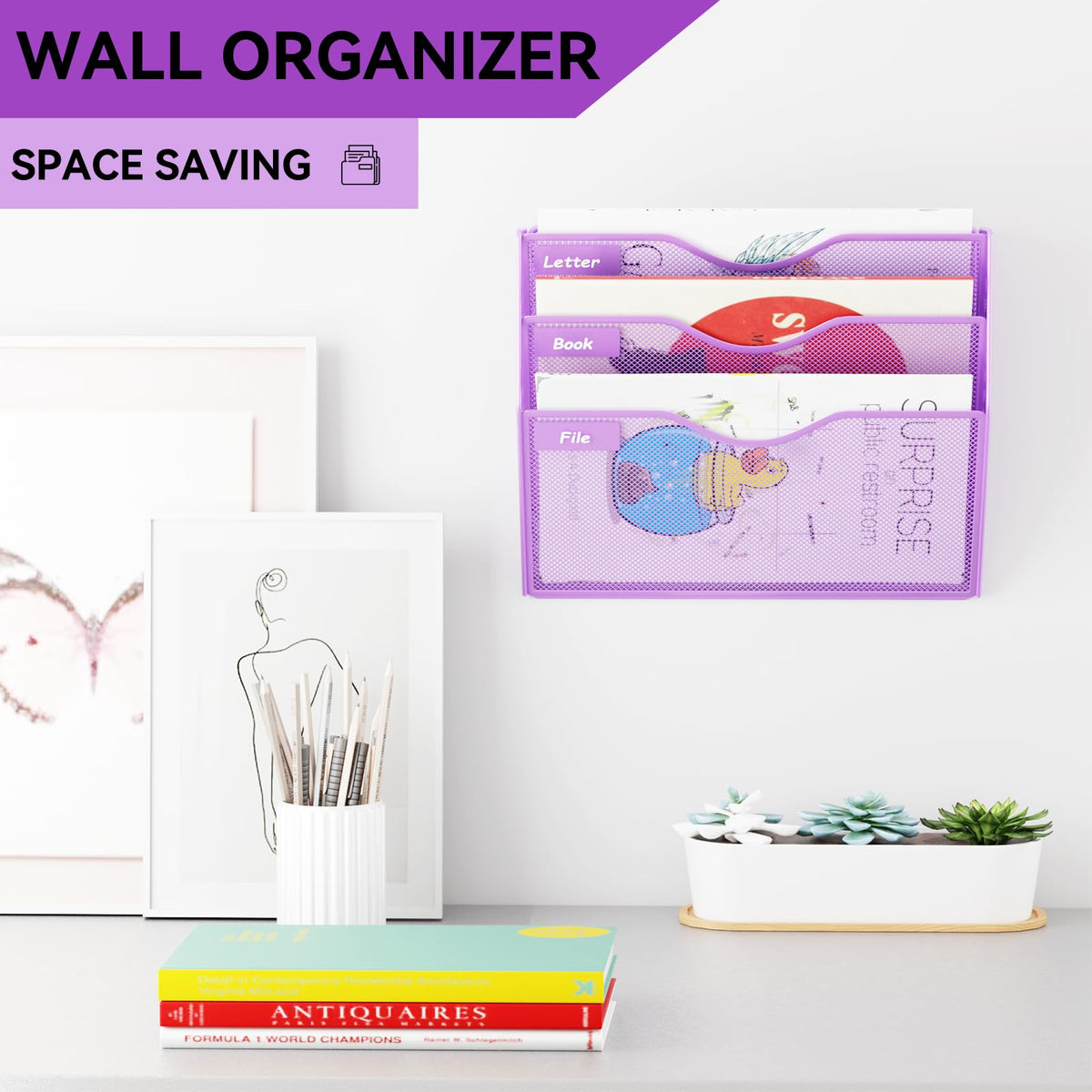 GDINDINFAN 3 Pockets Hanging Wall File Organizer Mail Holder, Wall Mounted Paper Document Folder