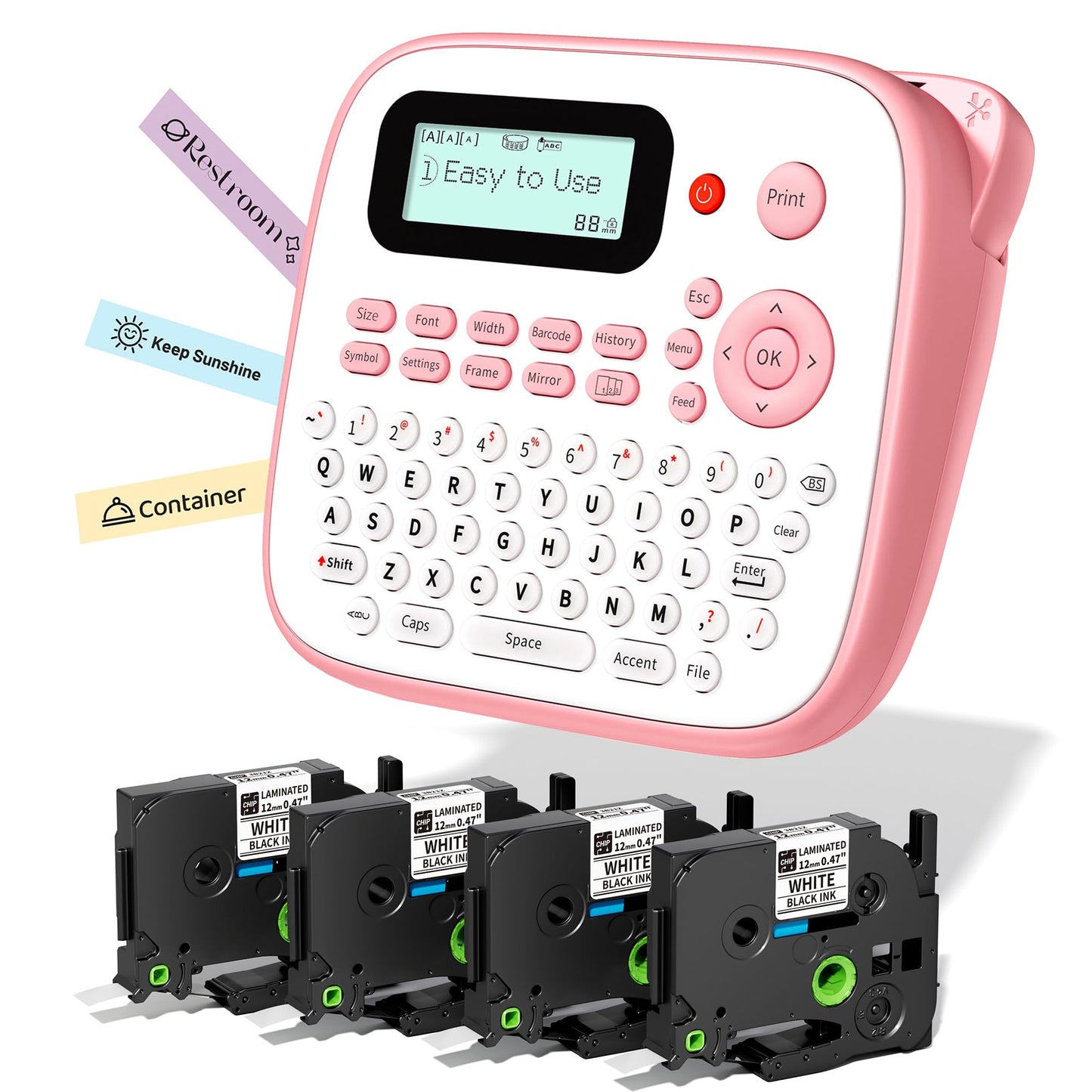 EazeID Pink Label Maker Machine with 4 Tapes Laminated Waterproof-Labels