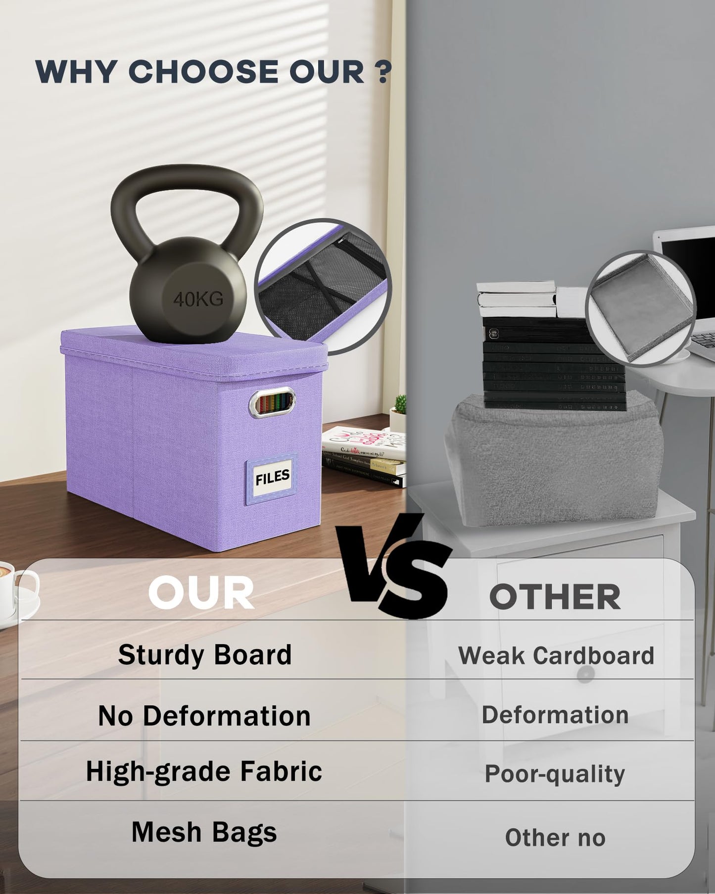 Oterri File Organizer Box with Lid, Hanging Filing File Box with Mesh Pocket, Document Organizer