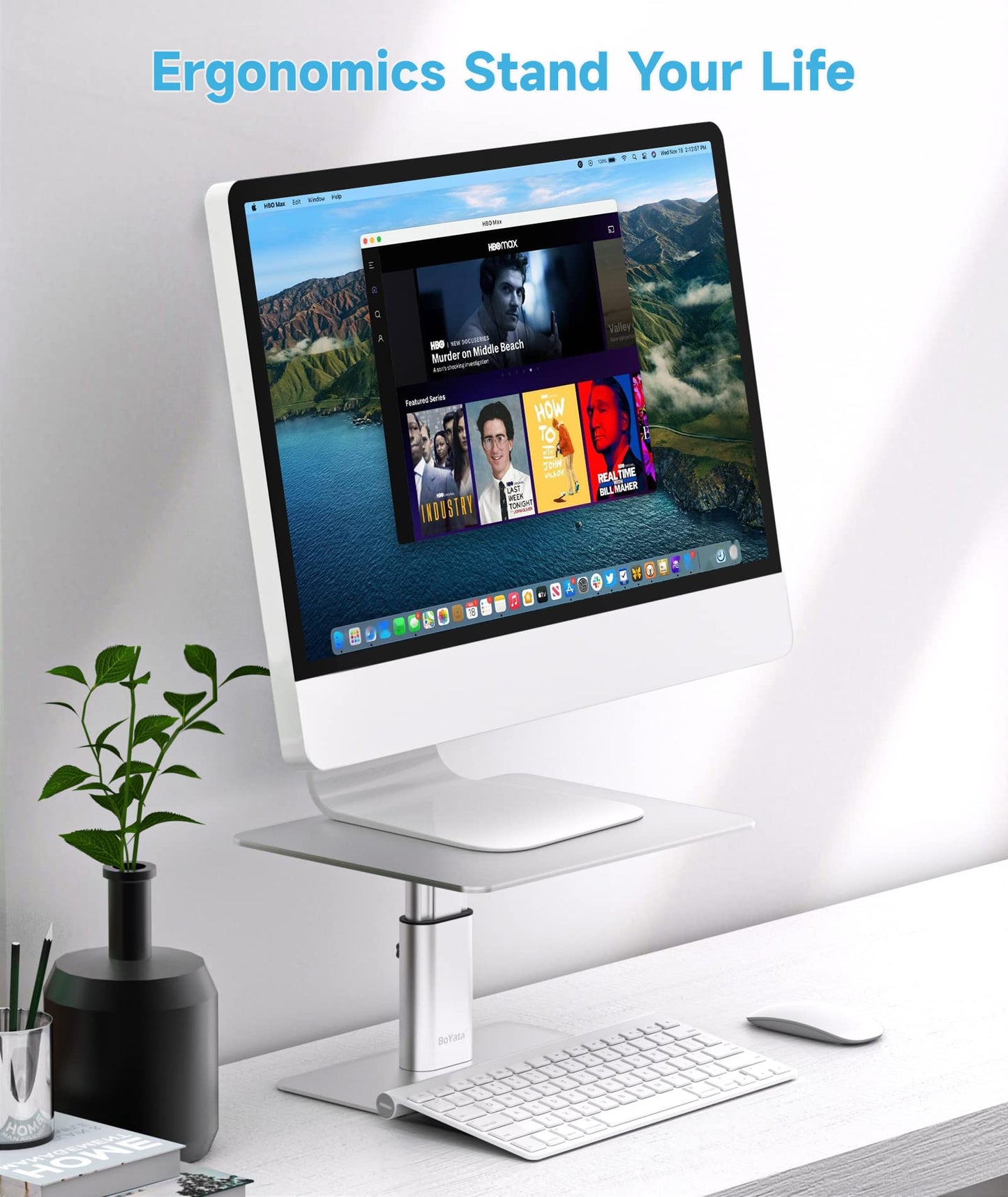 BoYata Monitor Stand, Adjustable Height Metal Desktop Riser, Silver
