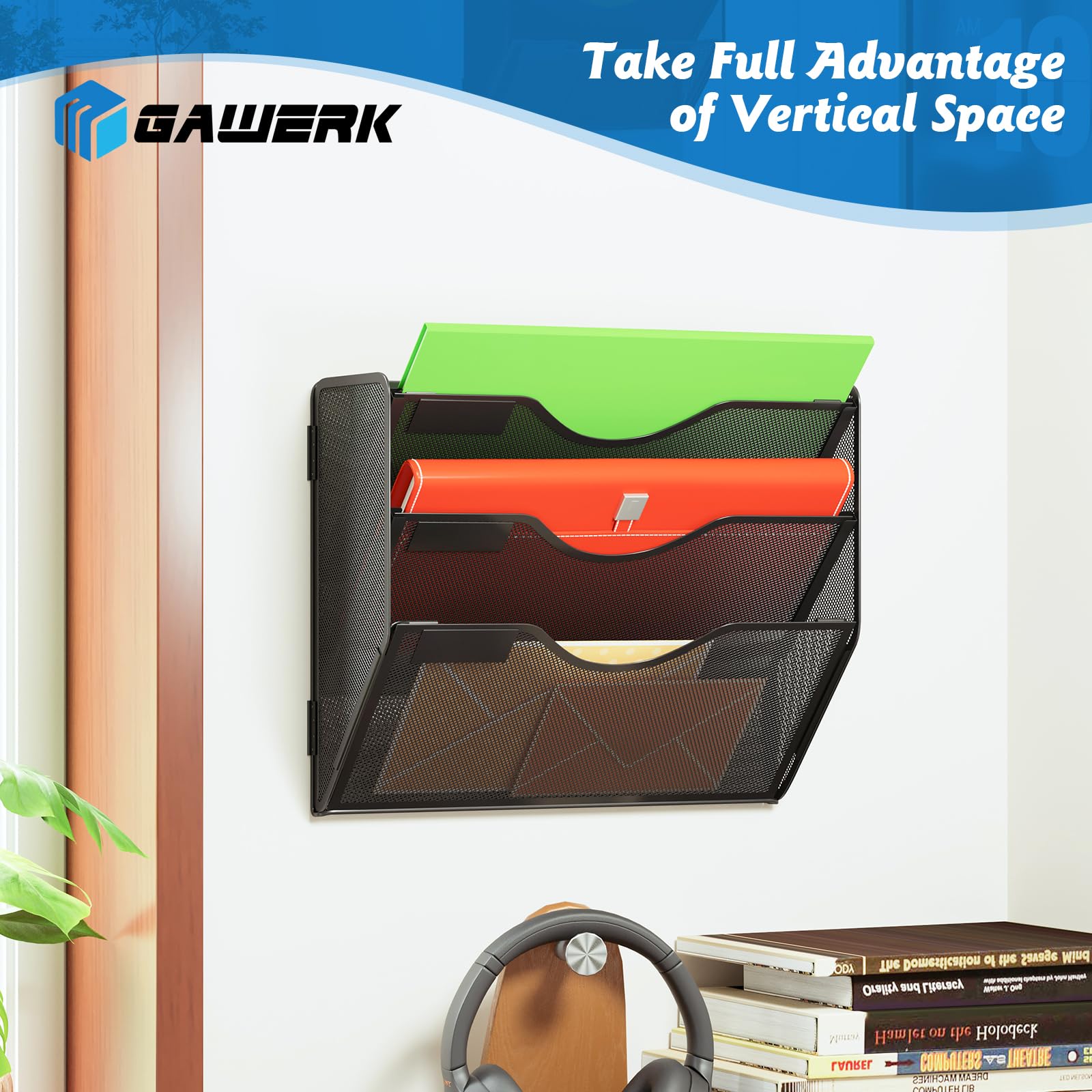 Gawerk 3 Tier Hanging Wall File Organizer, Mesh Mail Paper Orgnization Hanging File Folder Holder