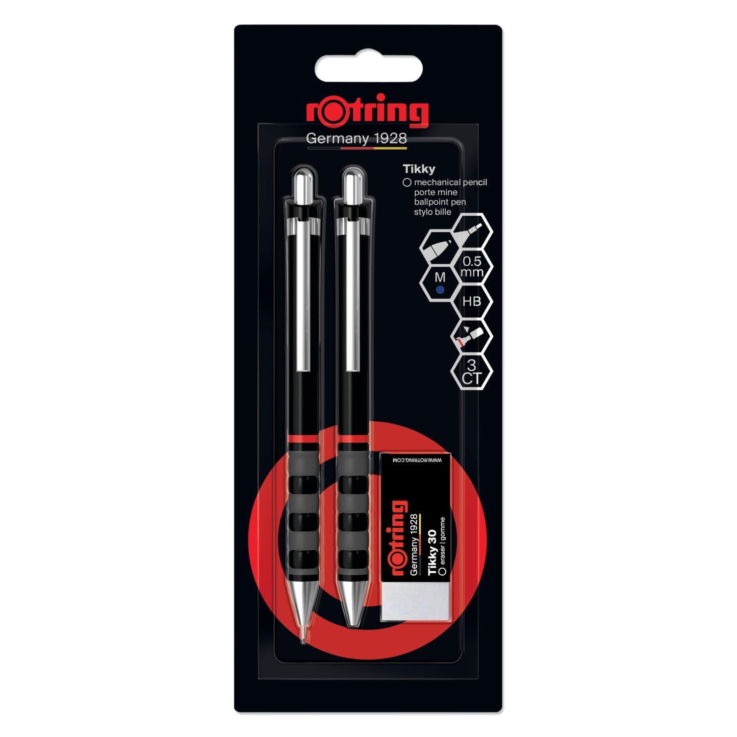 rOtring Tikky Mechanical Pencil, Ballpoint & Eraser Set | HB Lead, 0.5 mm Pencil | Medium Point Pen