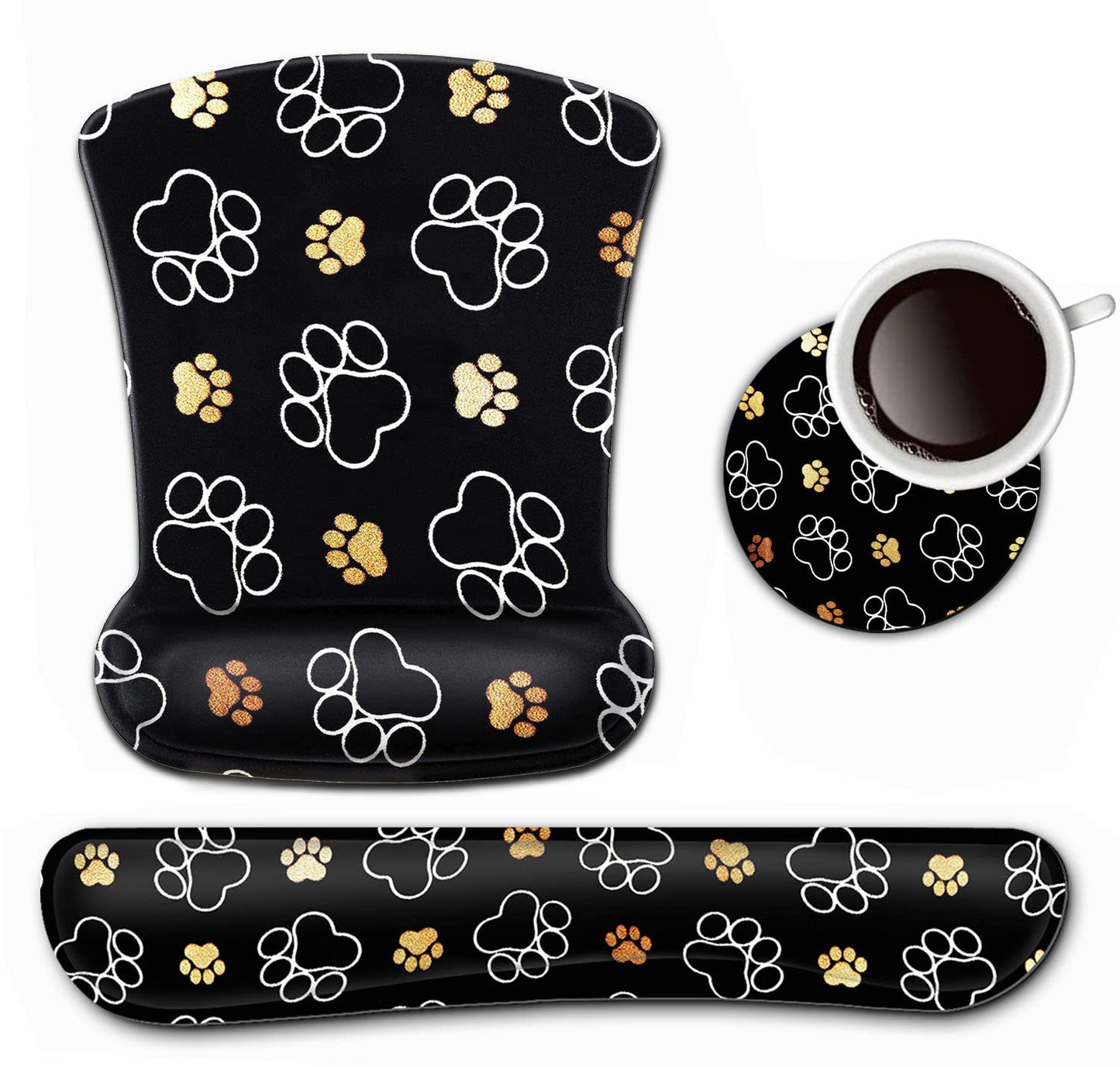 Keyboard Wrist Rest and Mouse Pad Wrist Support Set,Cute Dog Paw Prints Gold White Ergonomic Gel