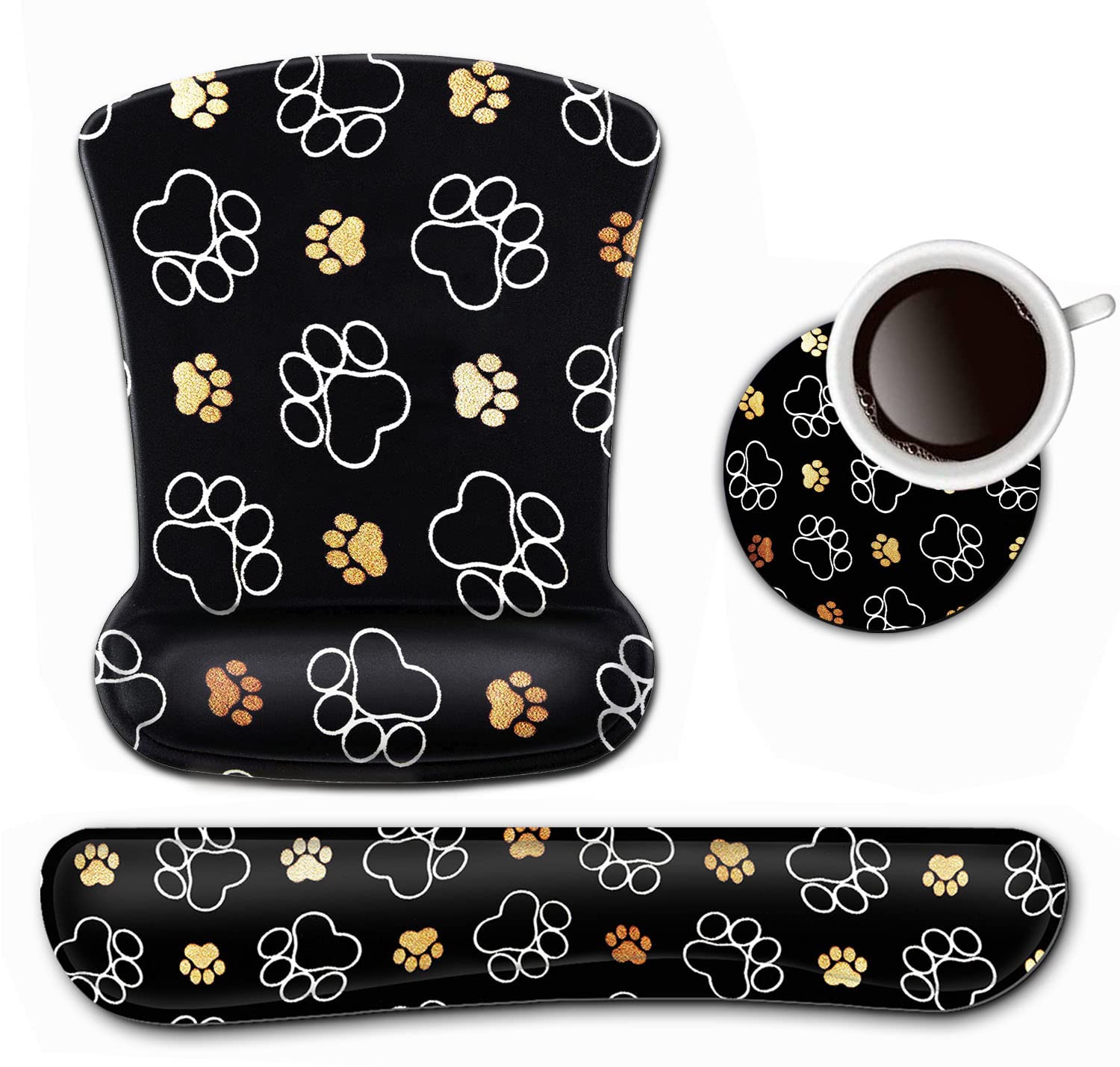 Keyboard Wrist Rest and Mouse Pad Wrist Support Set,Cute Dog Paw Prints Gold White Ergonomic Gel