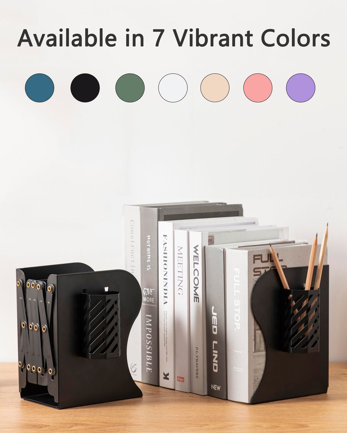 Kingsmile Book Ends, Adjustable Heavy Duty Metal Book Stoppers with Pen Holder for Desk Office