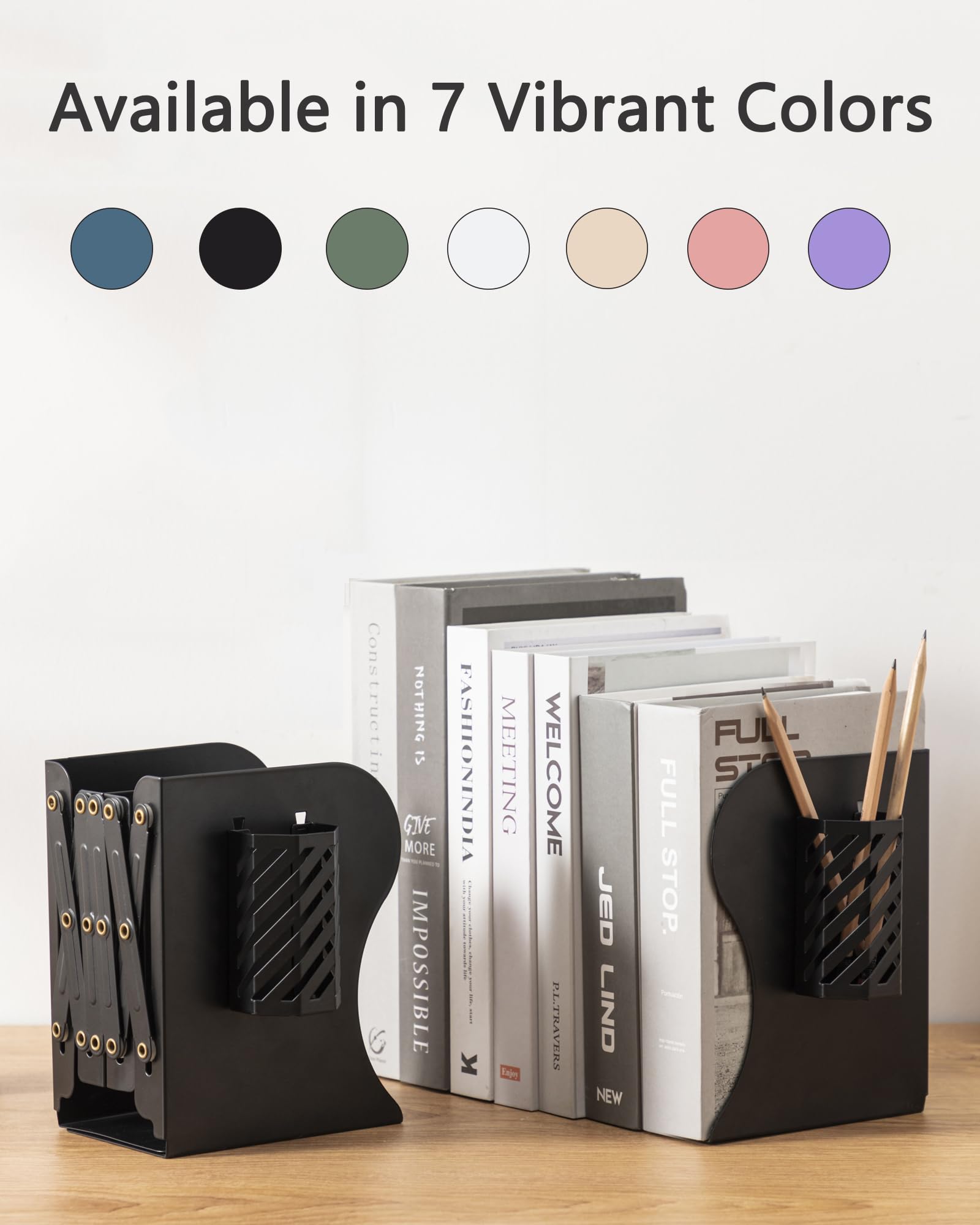 Kingsmile Book Ends, Adjustable Heavy Duty Metal Book Stoppers with Pen Holder for Desk Office