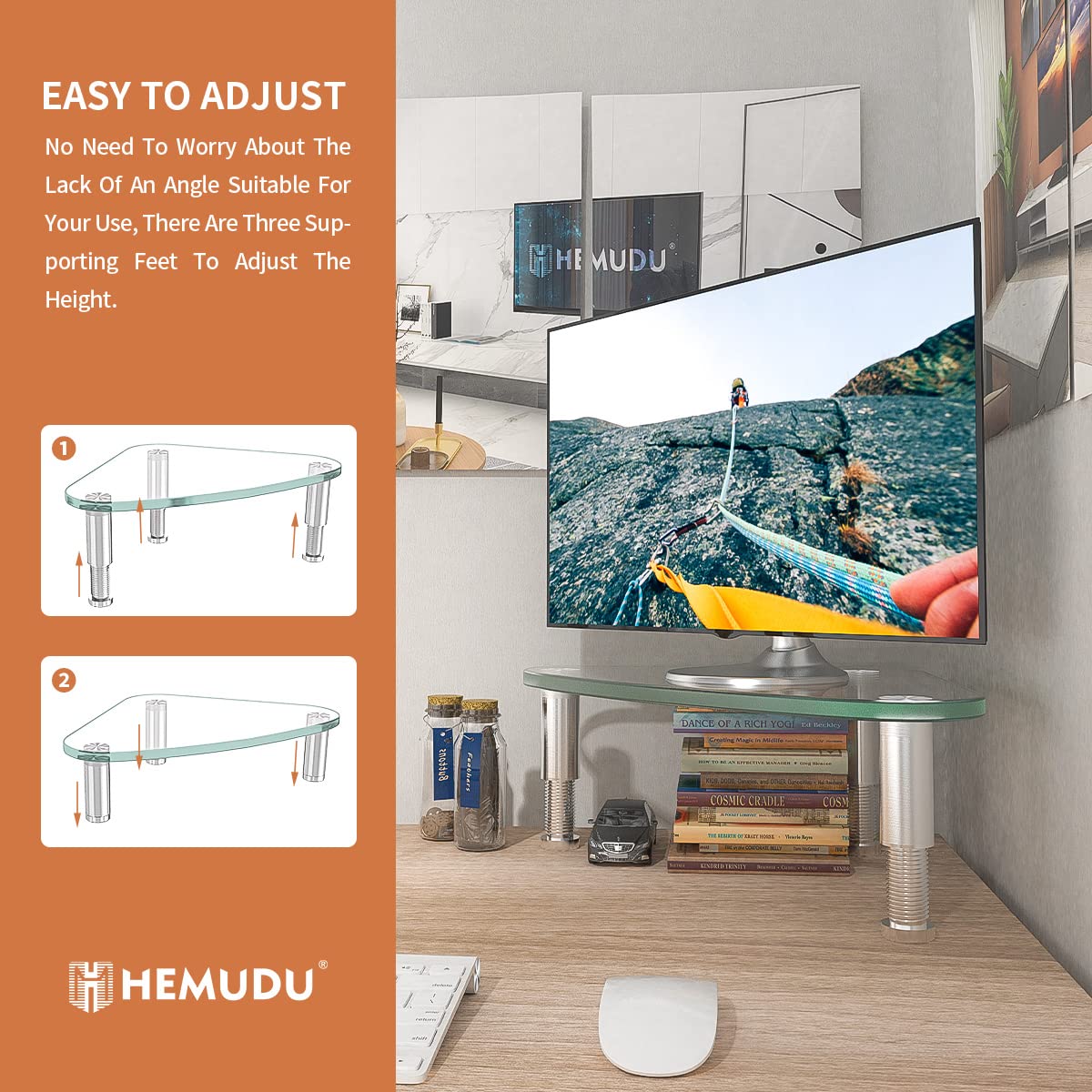Hemudu Clear Glass Computer Monitor Riser / Triangle Desktop Universal Corner Stand for Computer