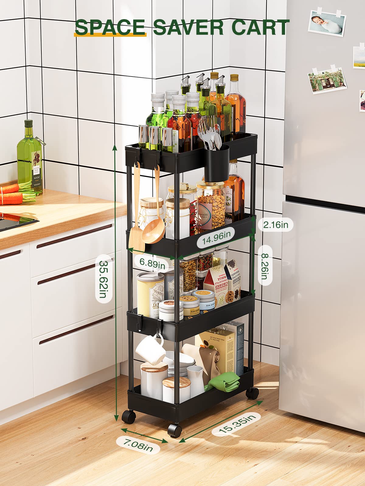 LEHOM Slim Rolling Storage Cart - 4 Tiers Bathroom Organizer Utility Cart