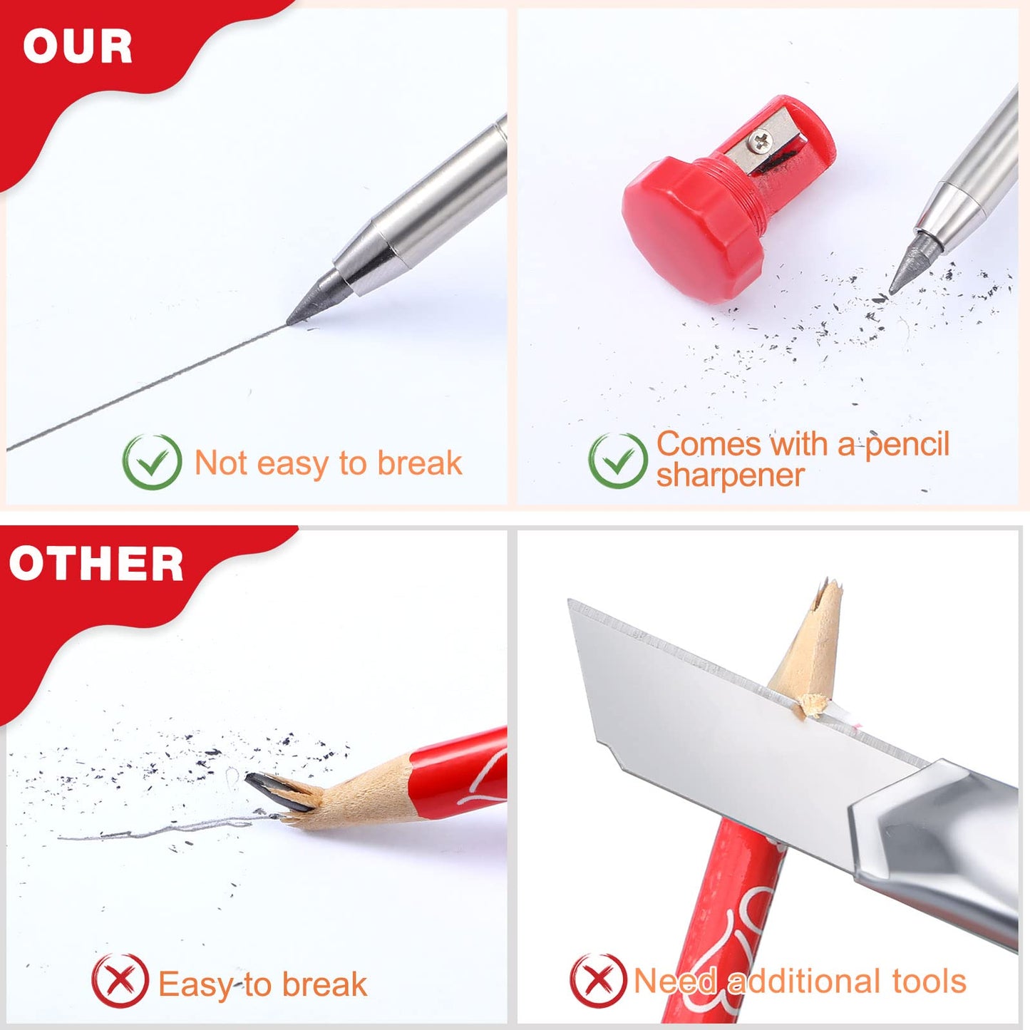 Patelai Mechanical Carpenter Pencils, Construction Pencils Set, Solid Refill Long Nose Deep Hole