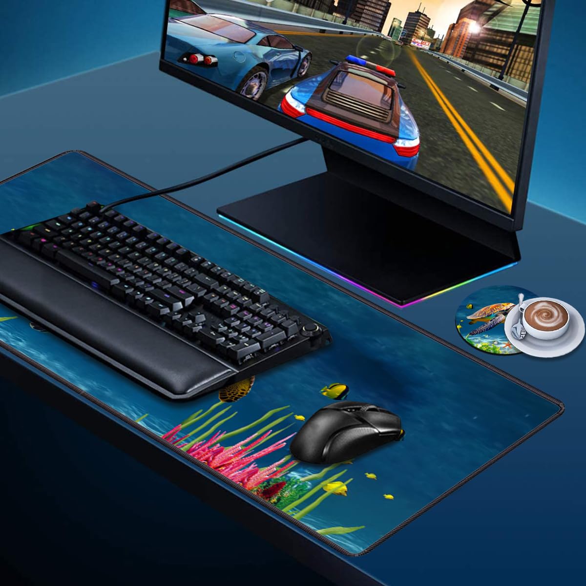 Desk Pad Mat Gaming Mouse Pads with Coasters, 31.5"x 11.8" XXL Large Big Computer Keyboard Mouse