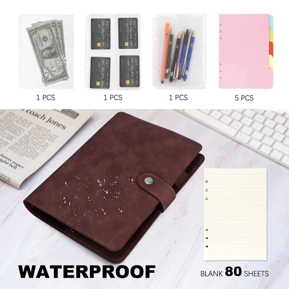 FYY A5 Binder Refillable Planner Notebook 6 Ring, Dark Brown
