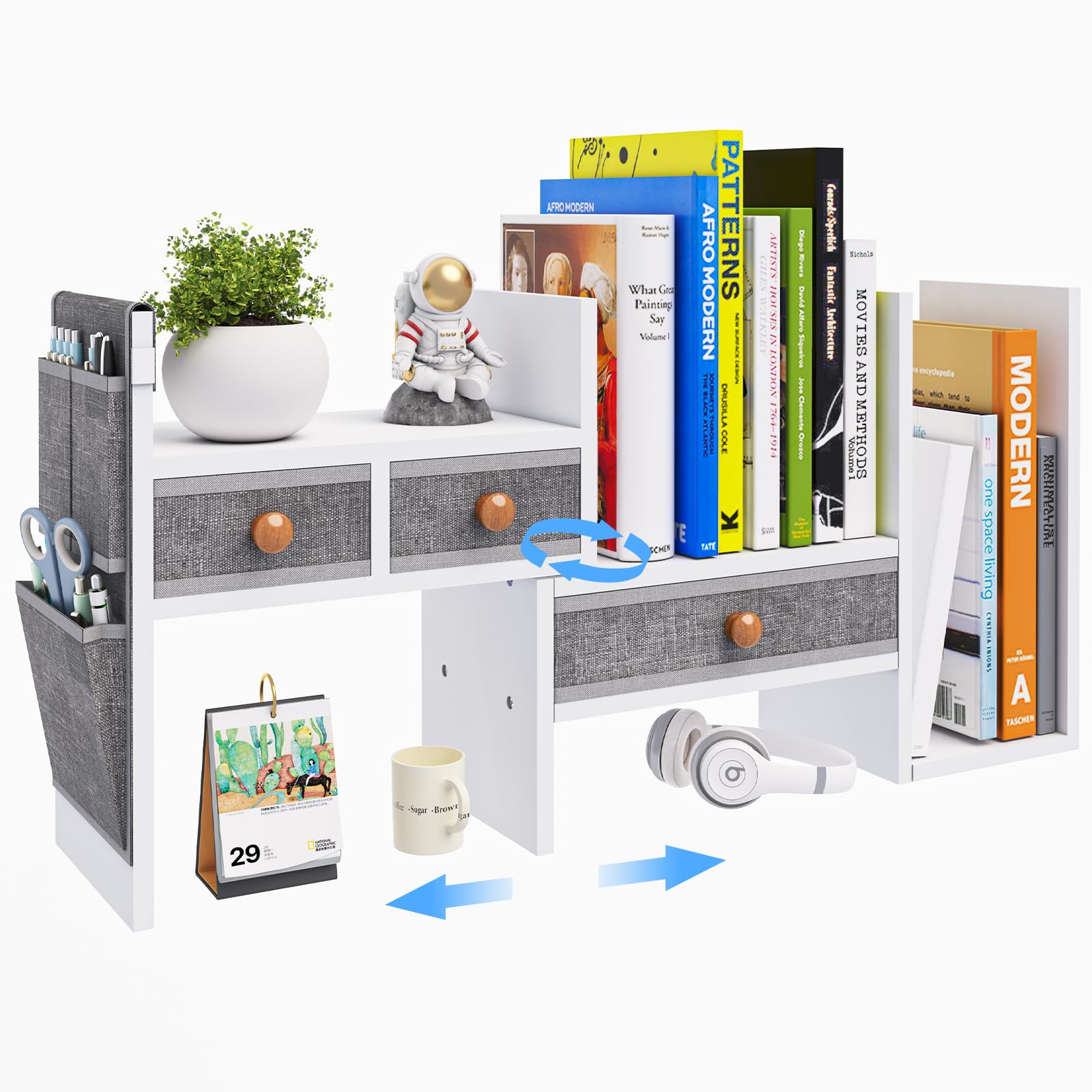 X-cosrack Adjustable Desk Shelves for Storage, Desktop Bookshelf with 3 Drawers, White Wood Desk