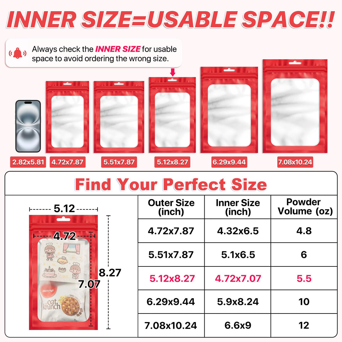 ANZNKU 100Pcs Red Mylar Bags, Resealable Smell Proof Zip Goodie Baggies