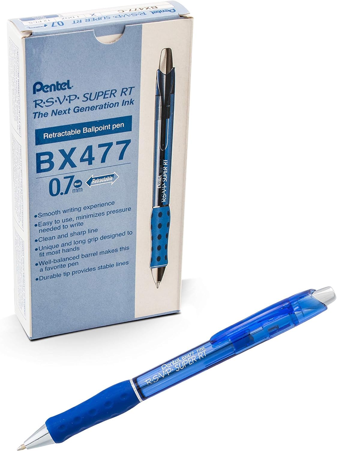 Pentel RSVP Super RT Ballpoint Pen, (0.7mm) Fine Line, Blue Ink, Box of 12 (BX477-C)