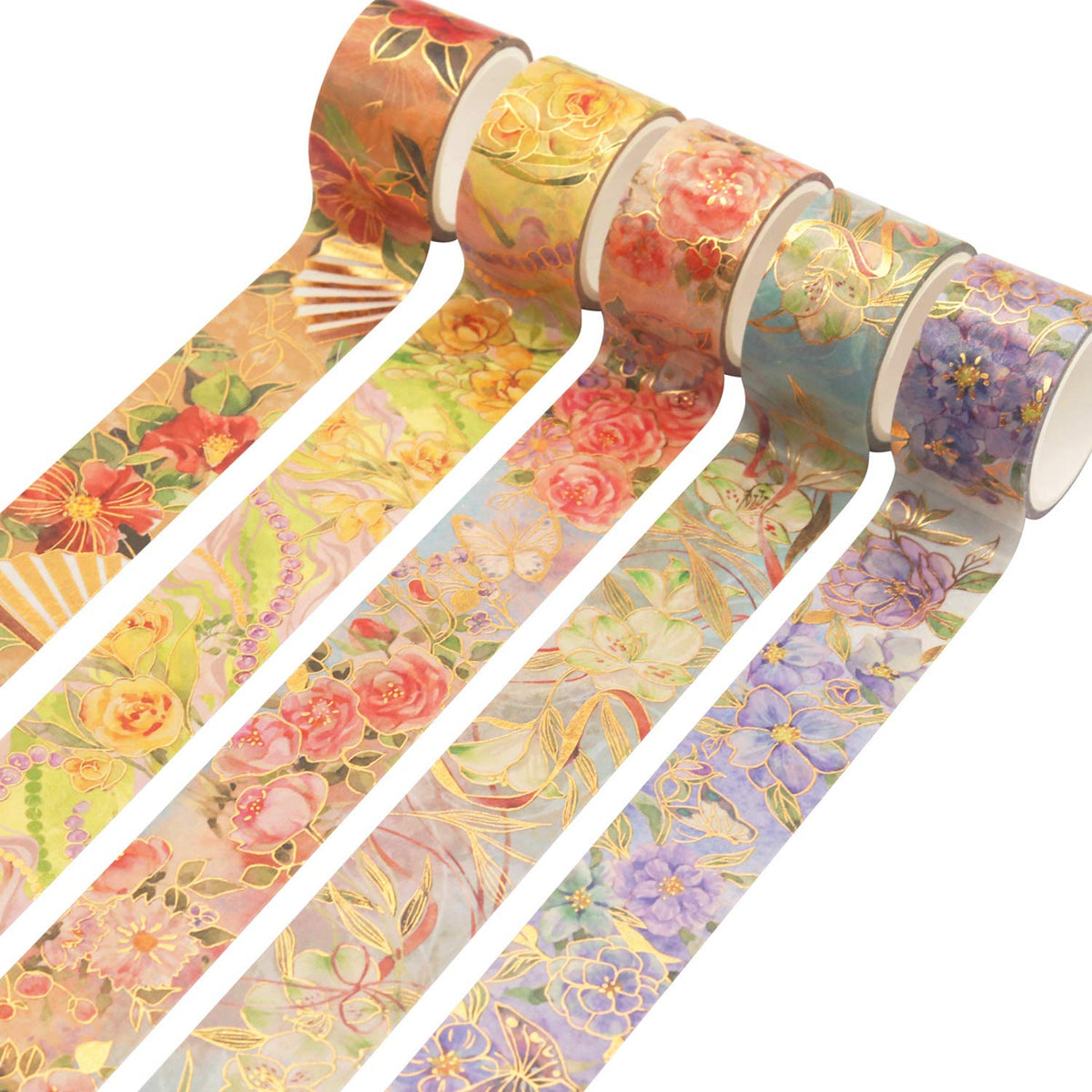 YUBBAEX Blooming Washi Tape Set Gold Foil Masking Tape Peony Wide Decorative for Arts, DIY Crafts