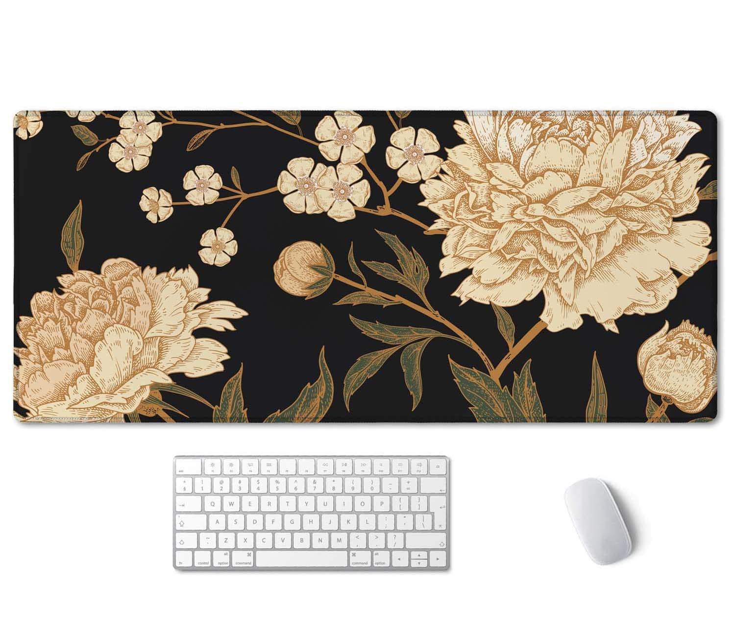SSOIU White Peony Desk Pad, Beige Desk Protector, Green Desk Blotter, Floral Keyboard Mat, Extended
