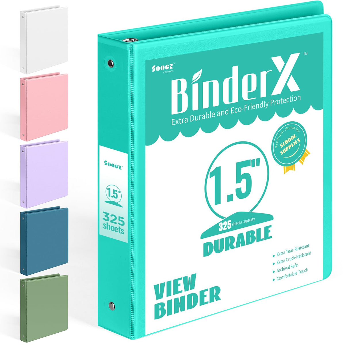 BinderX 3 Ring Binder 1.5 Inch, 1.5" Clear View Binder, Aqua Blue, Letter