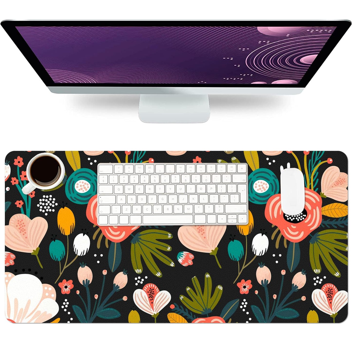 Floral Desk Mat, Large Non-Slip Leather Desk Pad, Black Floral 31.5"x15.7"