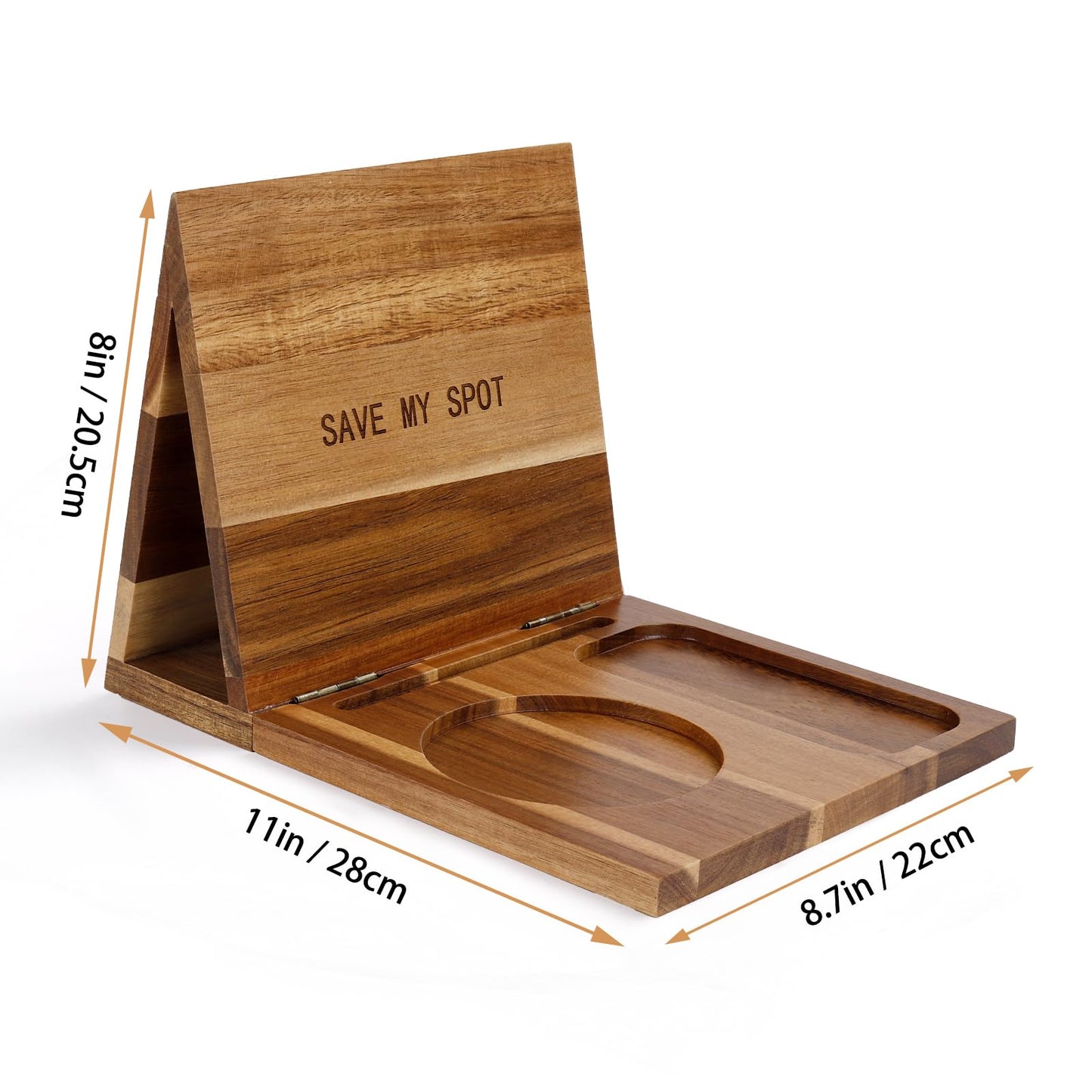 3HQ Wooden Book Stand for Reading Rest, Acacia Triangle Book Holder with Cup, Glasses, Pen & Phone