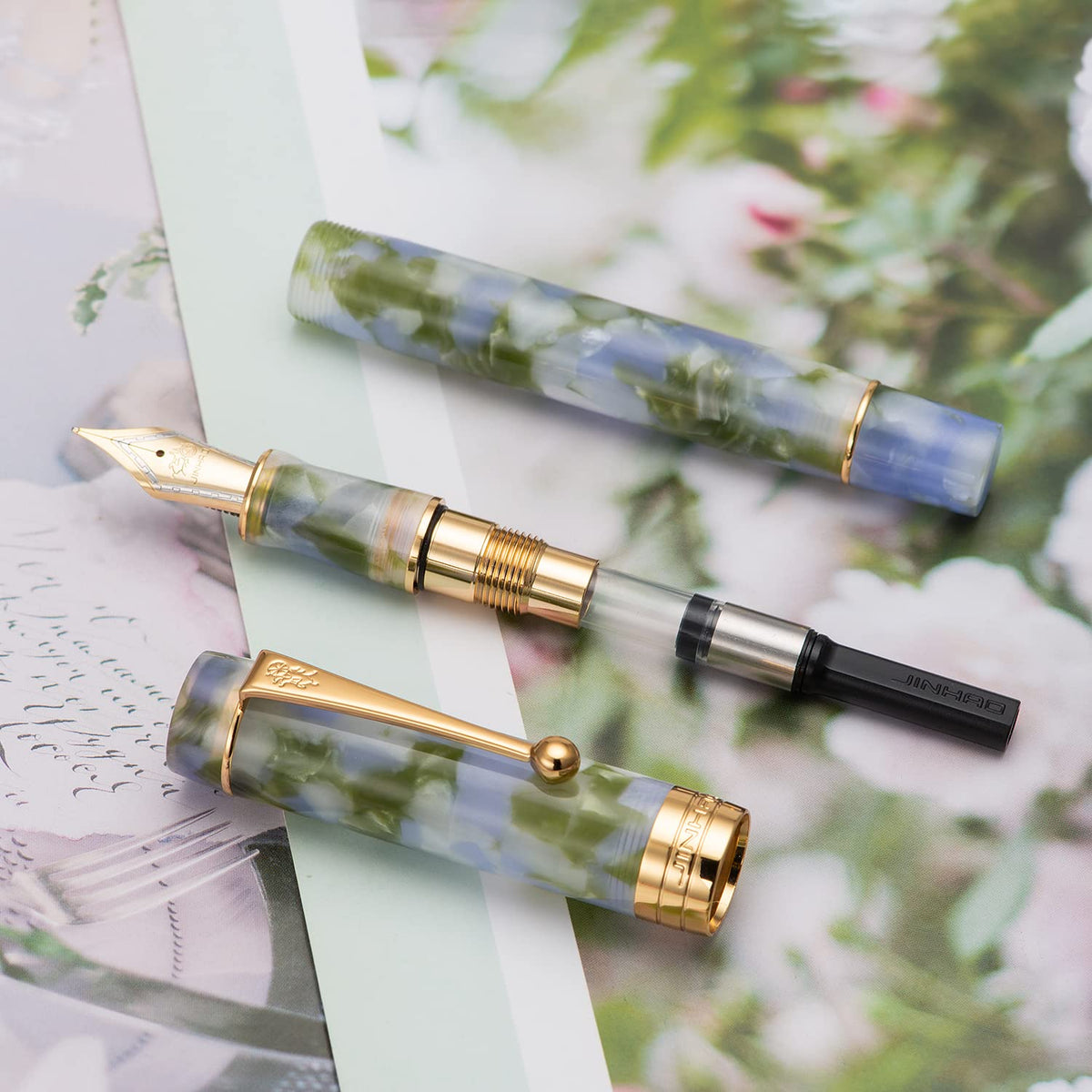 Jinhao 100 Classic Fountain Pen Bent Nib, Blue Green Celluloid Fude Pen Calligraphy from Fine to