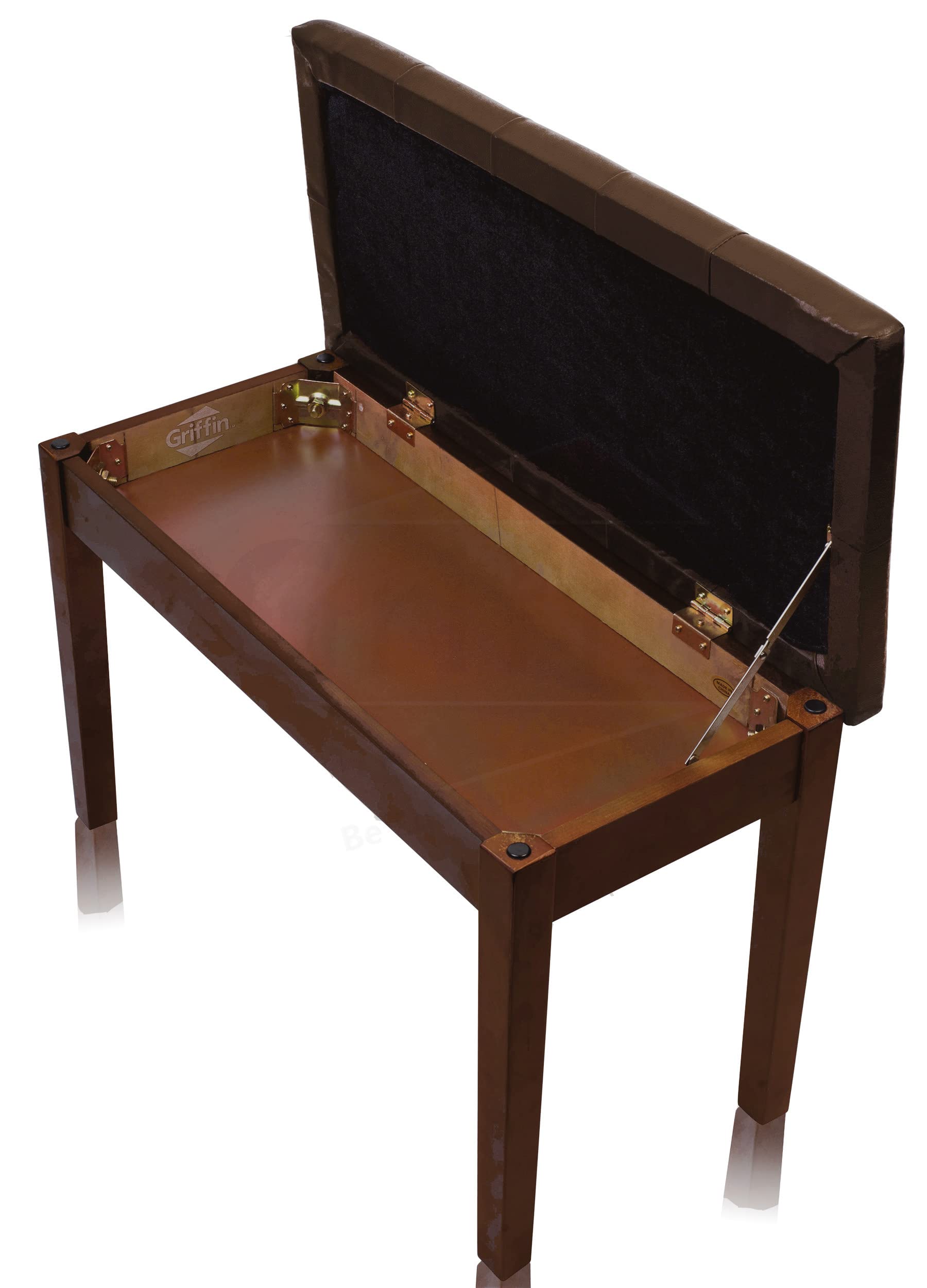 Griffin Brown Wood Piano Bench (ErgonomicPRO-X Series) – PU Leather Duet Seat with Storage, Double