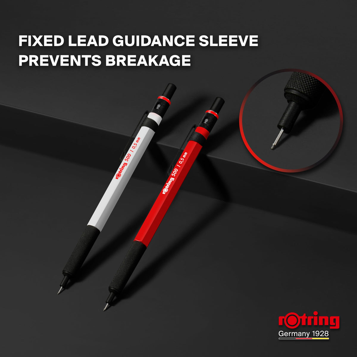 Rotring 500 Mechanical Pencil, Red and White Hexagonal Plastic Barrel and Non-Slip Textured Metal