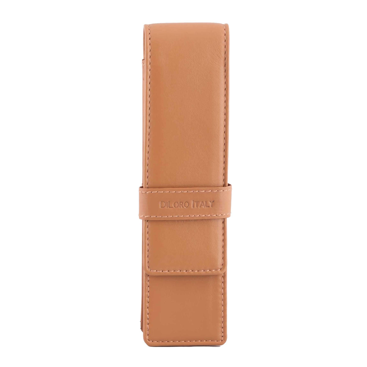DiLoro Leather Pen Case Pouch Holder for Two Fountain Ballpoint Rollerball Pens or Pencils (Tan)