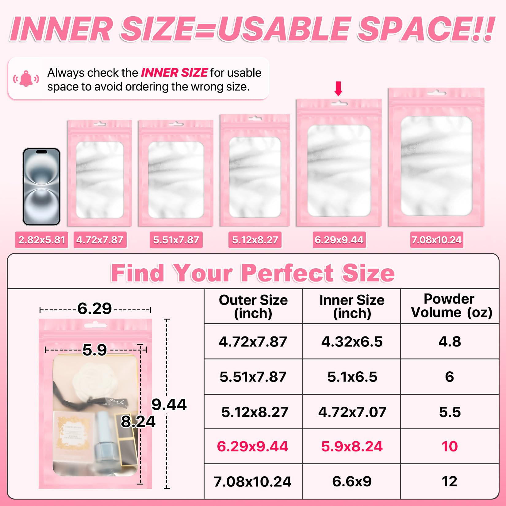 ANZNKU 100Pcs Pink Mylar Bags, Resealable Smell Proof Zip Goodie Baggies