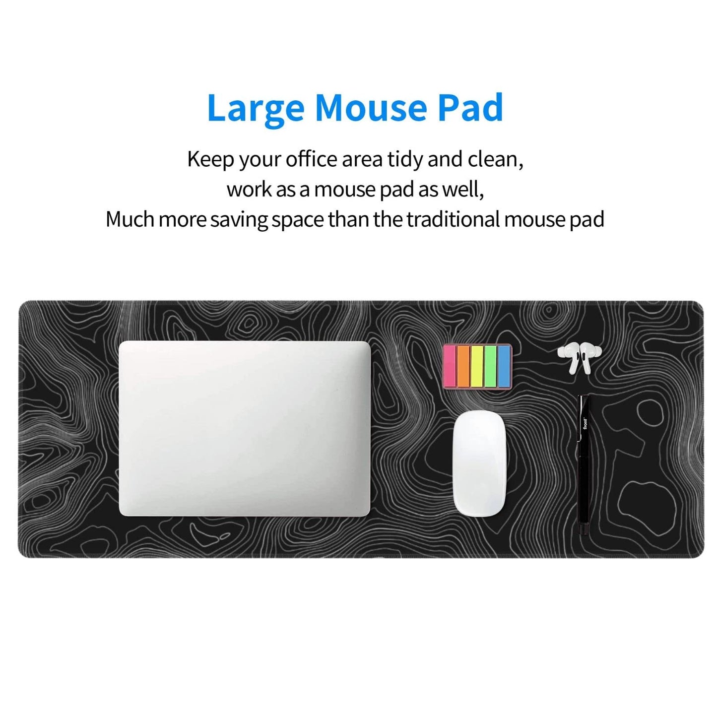 Topography Map Lines Contour Geographic Black XXL XL Large Gaming Mouse Pad for Desk, Non-Slip Long
